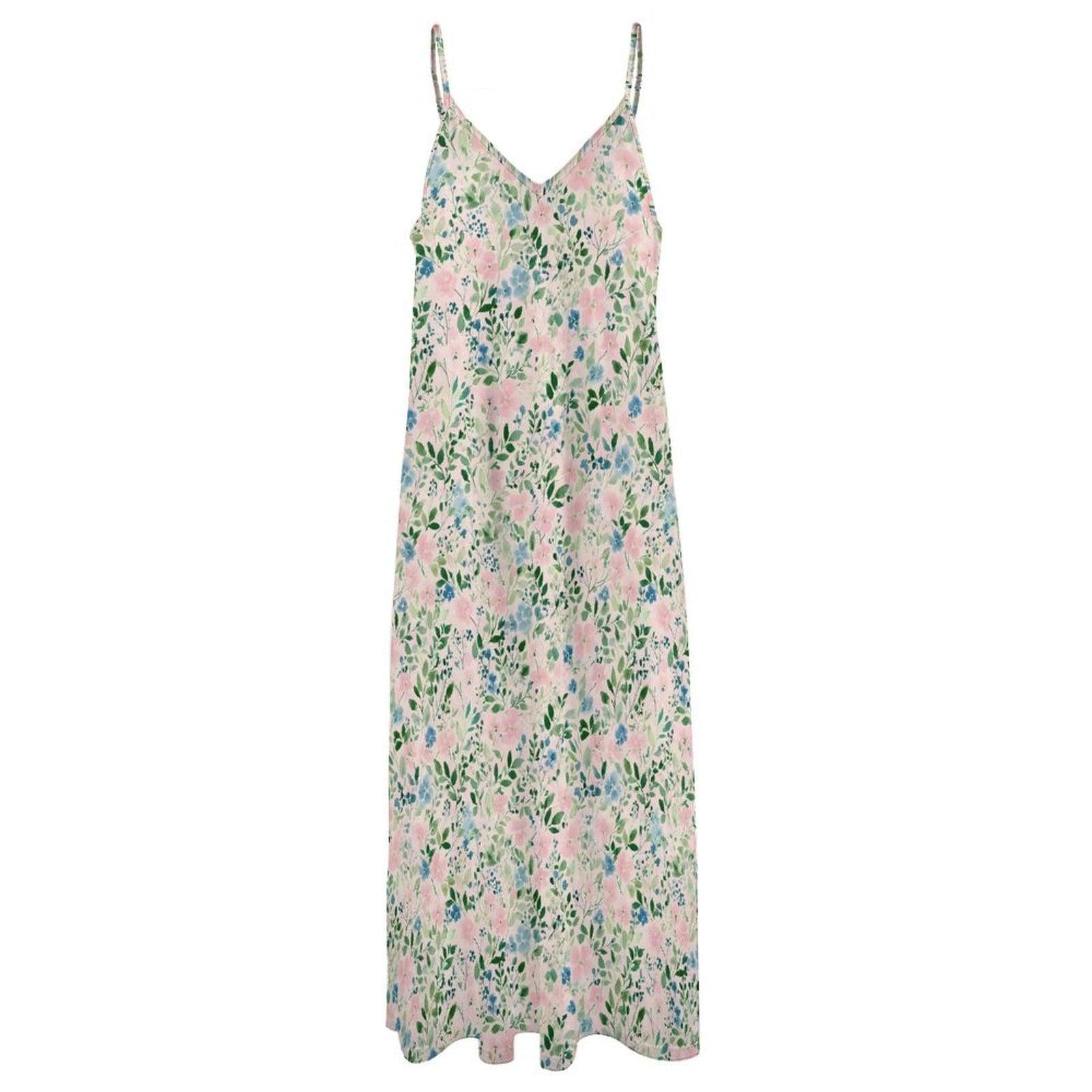 Watercolor Floral Maxi Dress, Blue Pink Ditsy Print Sundress, Summer Vacation Cami Slip