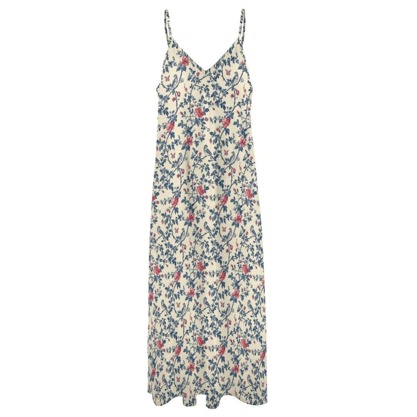 Vintage Floral Maxi Dress, Cream Rose Bird Print Sundress, Cottagecore Style