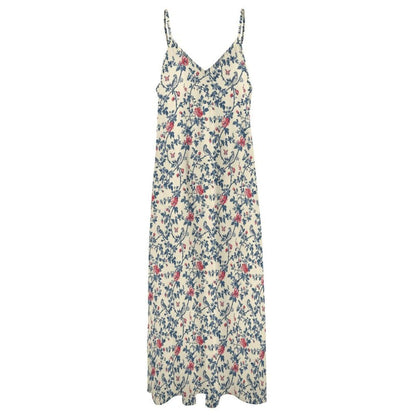 Vintage Floral Maxi Dress, Cream Rose Bird Print Sundress, Cottagecore Style