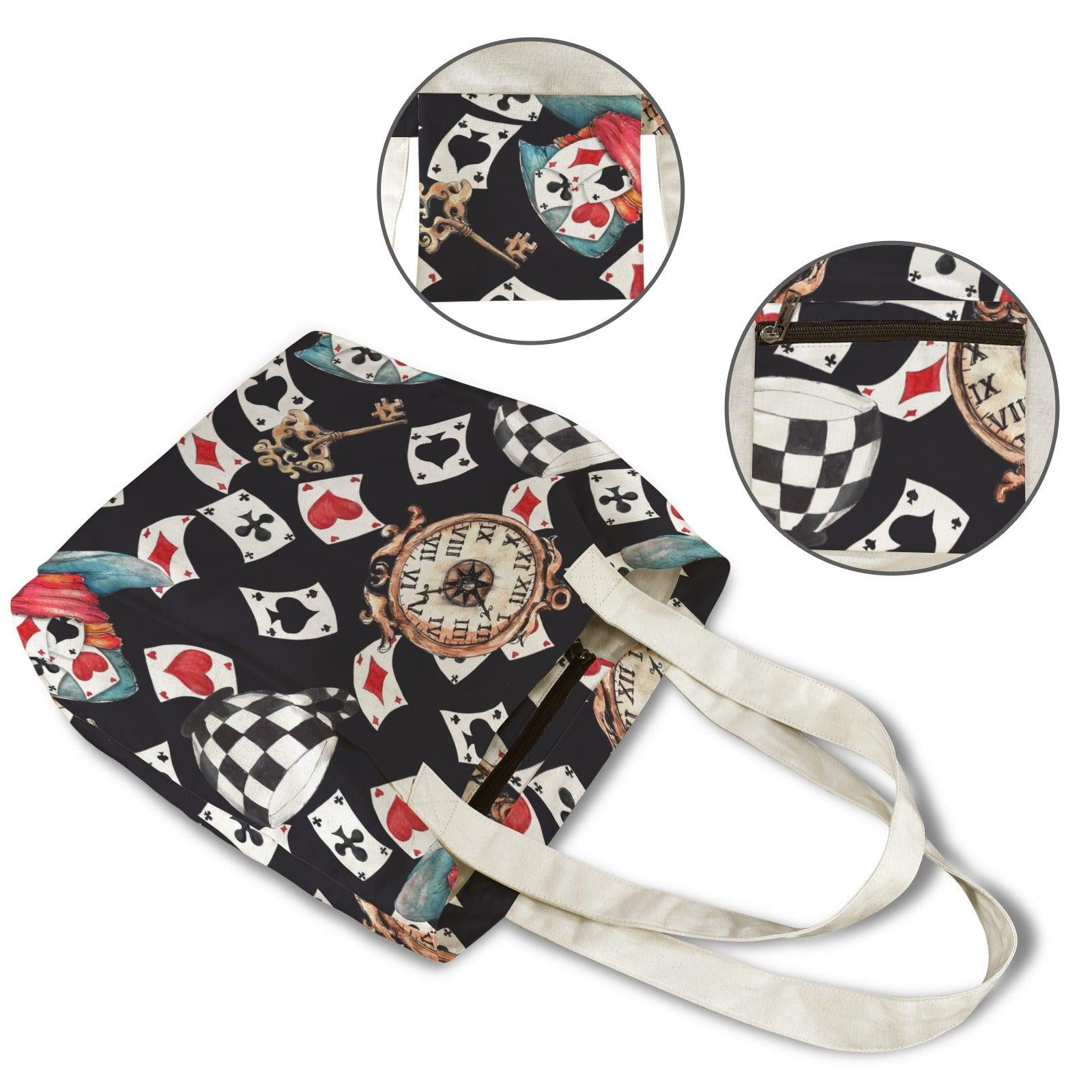 Black Playing Card and Vintage Clock Print Tote Bag with Light Blue Panels