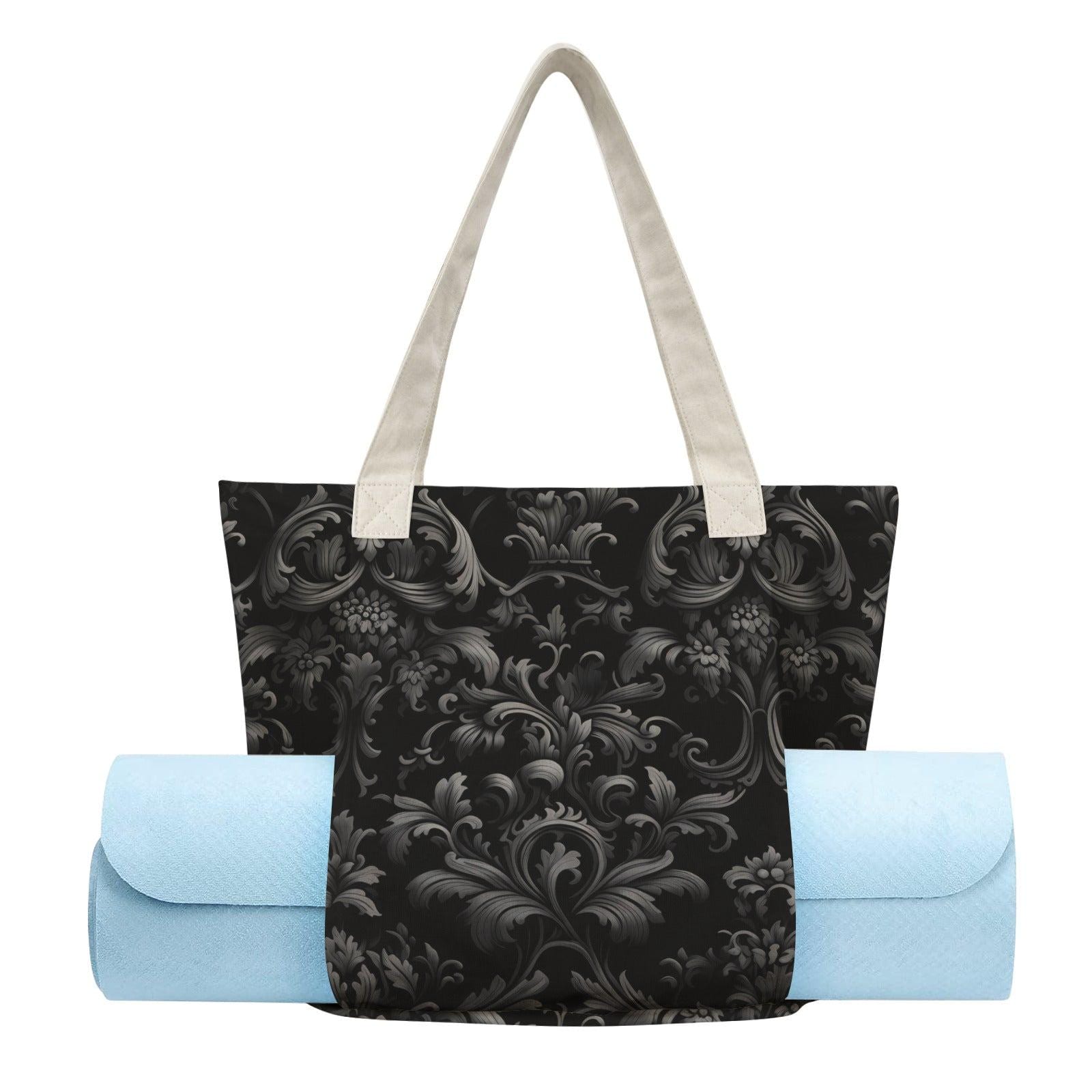 Dark Floral Tote Bag with Contrast Straps, Black and Deep Green Botanical Print
