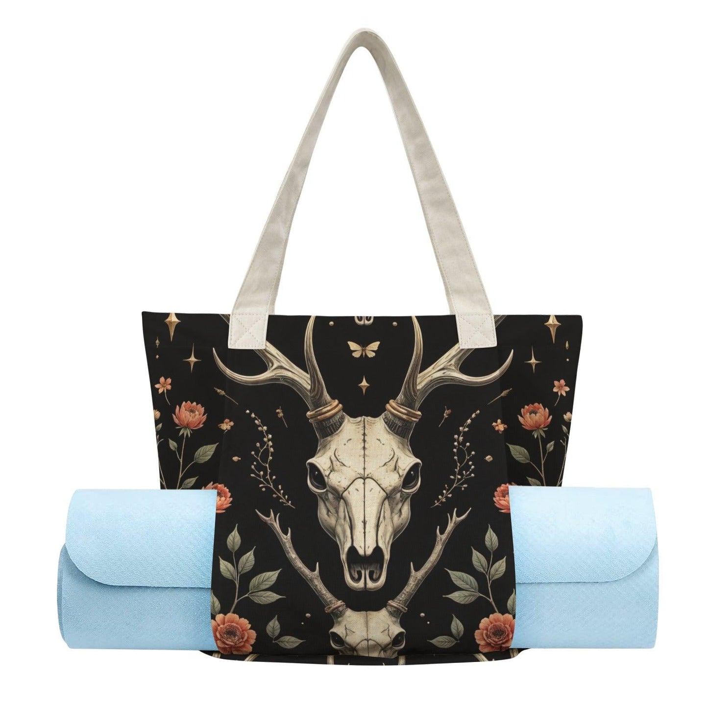 Witchy Yoga Mat Tote Bag, Cattle Skull Floral Gym Bag, Gothic Pilates Carrier