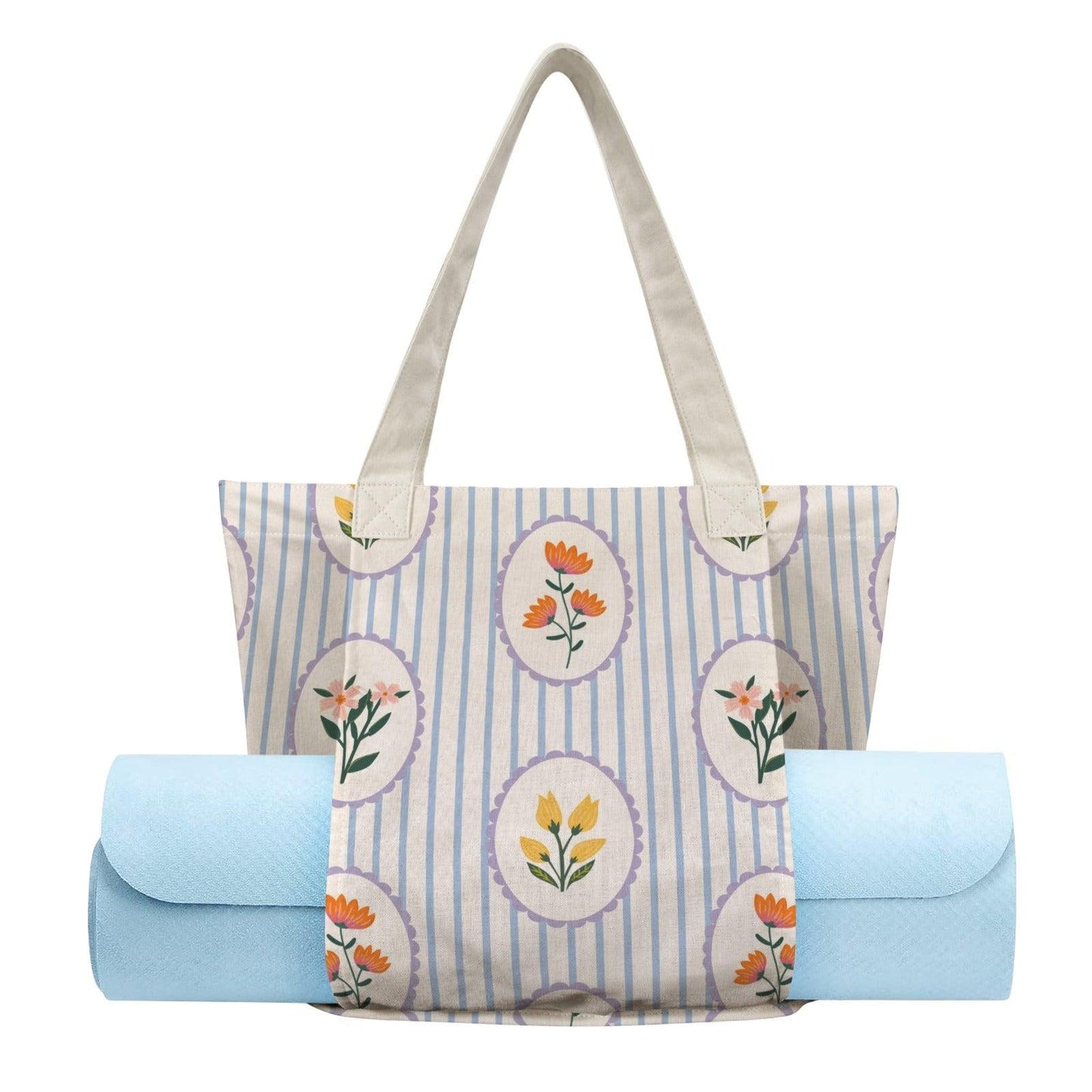 Blue Floral Yoga Mat Bag, Striped Block Print Tote, Pilates Class Carrier