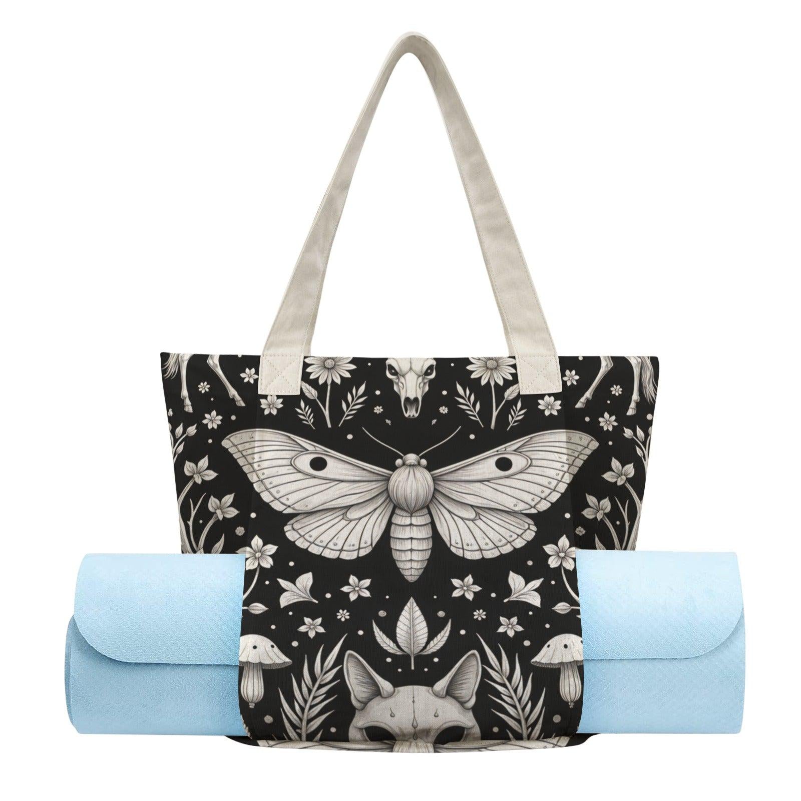 Luna Moth Yoga Mat Tote Bag, Black White Mushroom Skull Print Shoulder Bag