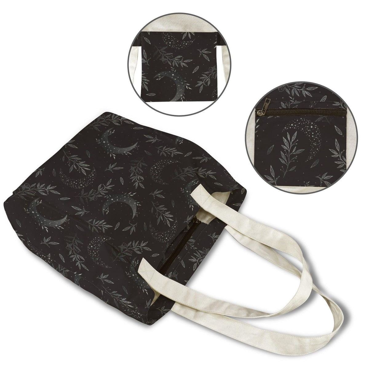 Black Celestial Yoga Mat Tote: Moon, Stars, Botanical Print (Mat Compartment)