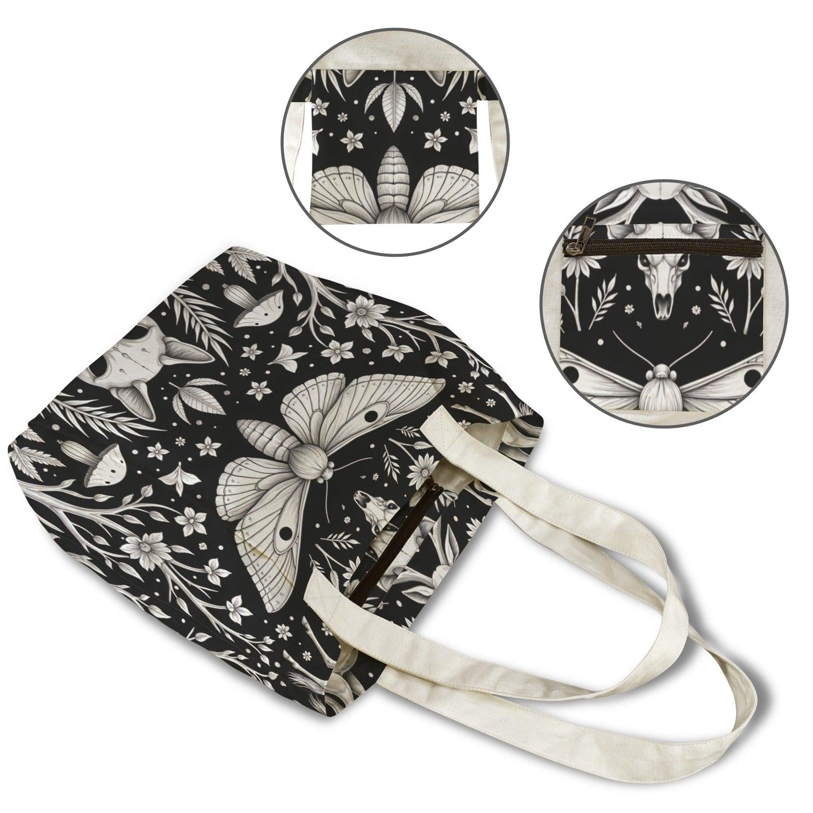Luna Moth Yoga Mat Tote Bag, Black White Mushroom Skull Print Shoulder Bag