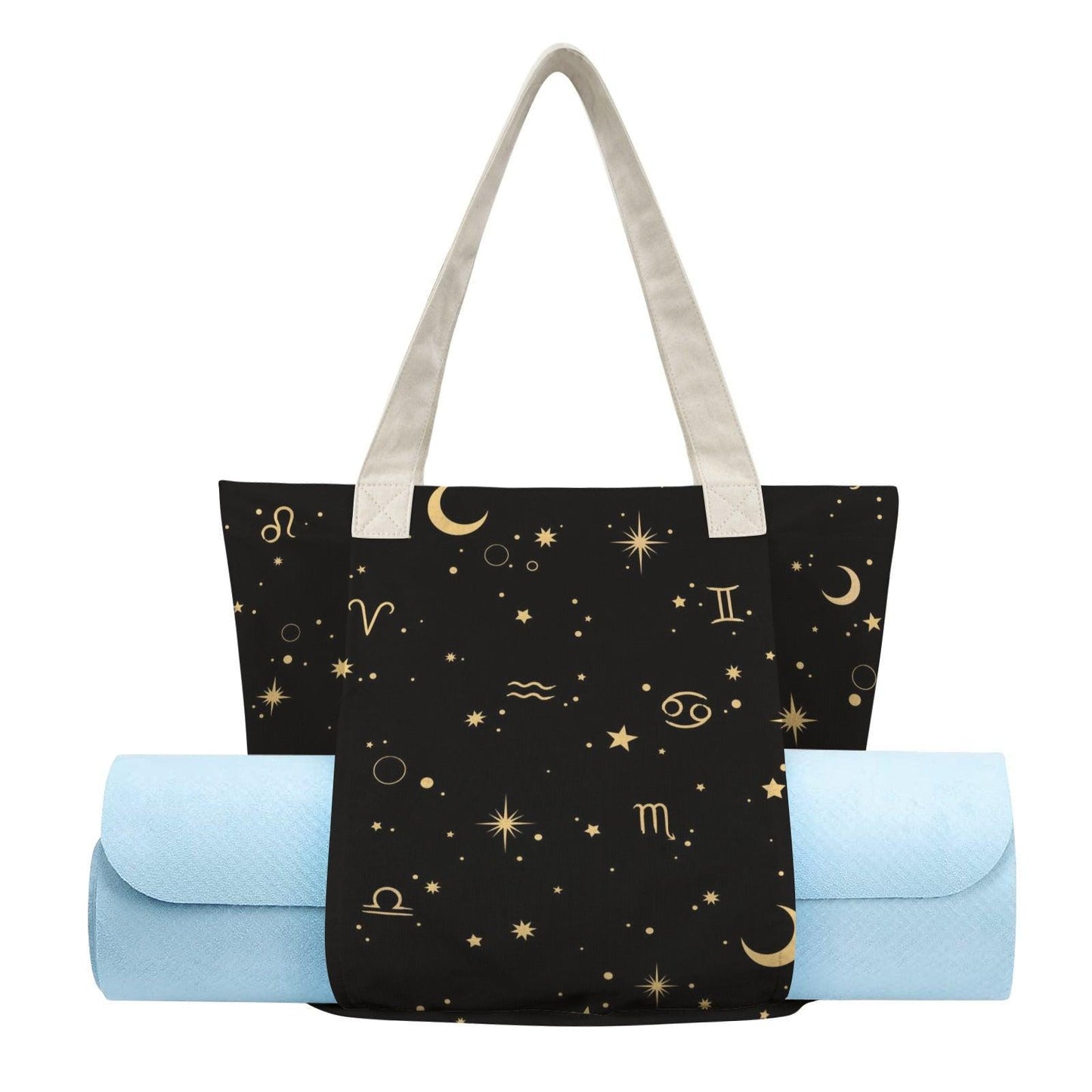 Black Canvas Zodiac Yoga Mat Tote, Gold Celestial Print, Studio Gym Bag