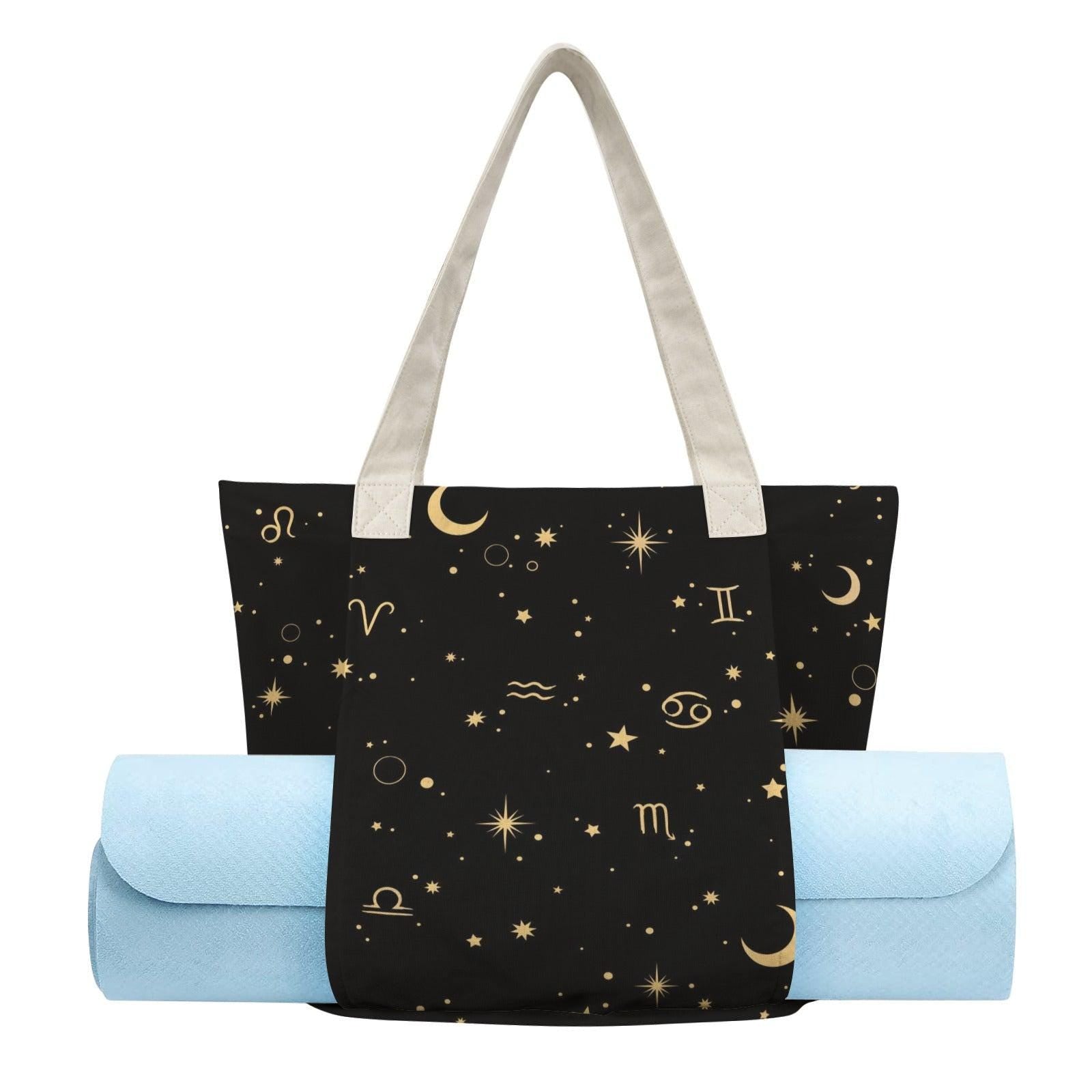 Black Canvas Zodiac Yoga Mat Tote, Gold Celestial Print, Studio Gym Bag