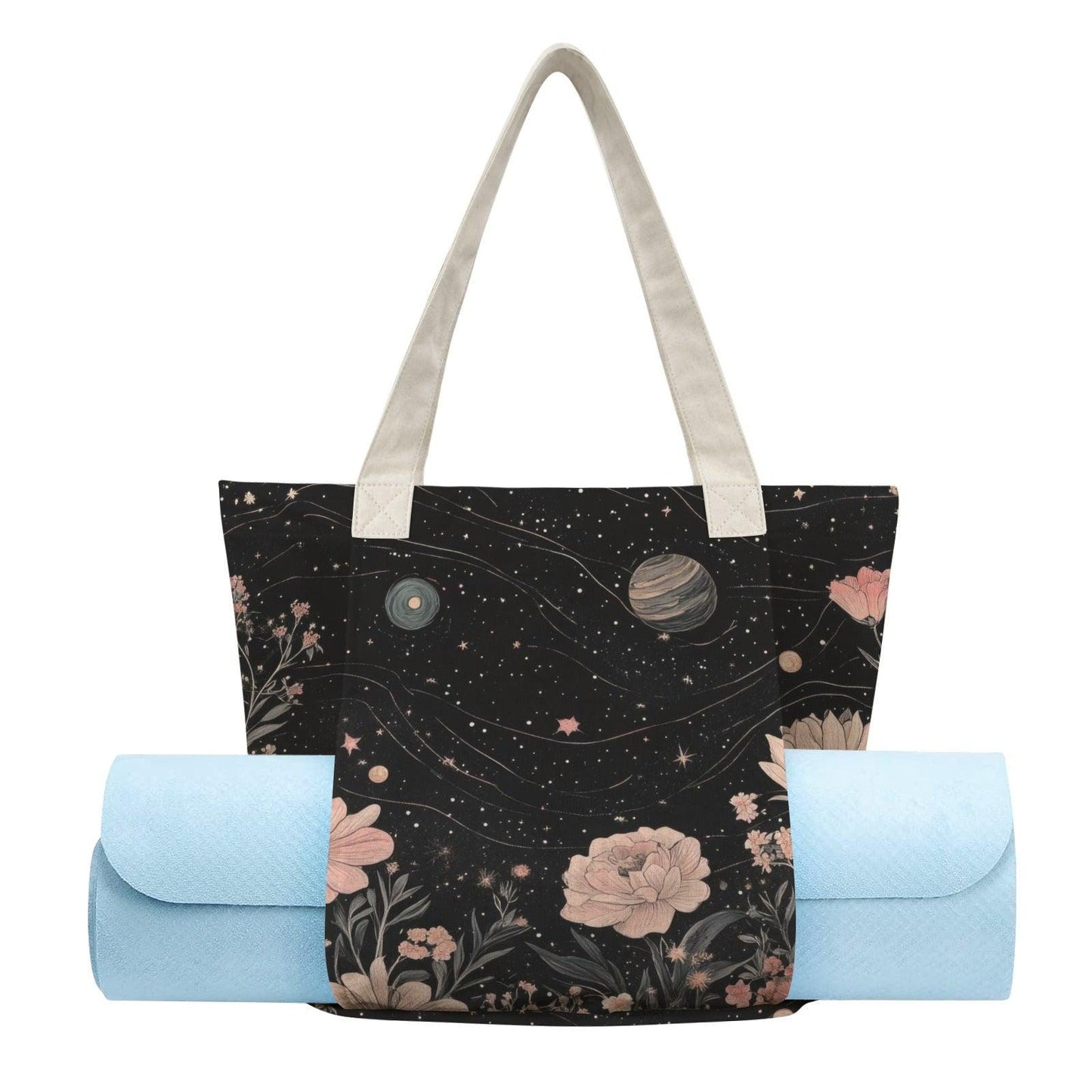 Celestial Floral Tote Bag, Pink Roses, Planets and Stars on Black