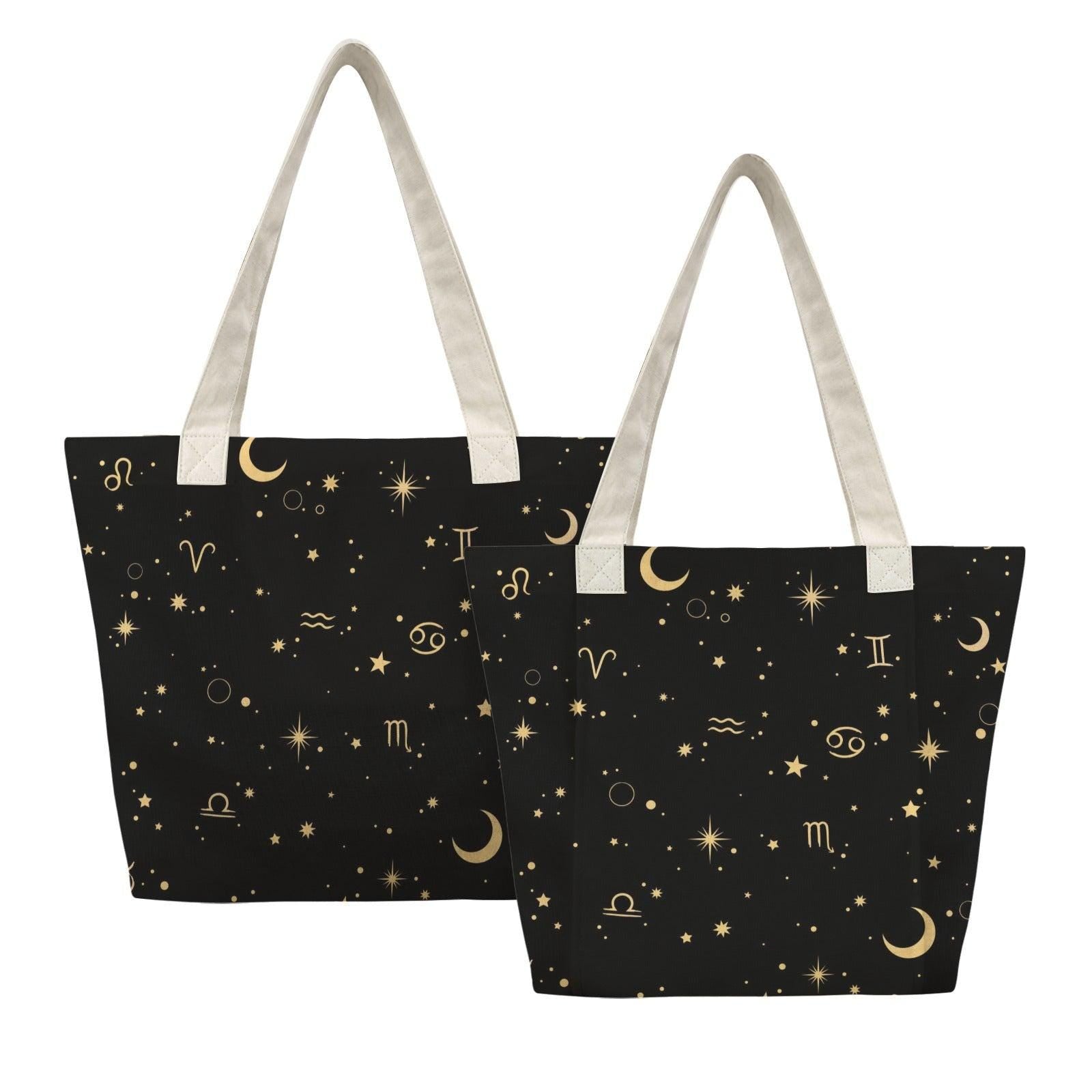 Black Canvas Zodiac Yoga Mat Tote, Gold Celestial Print, Studio Gym Bag