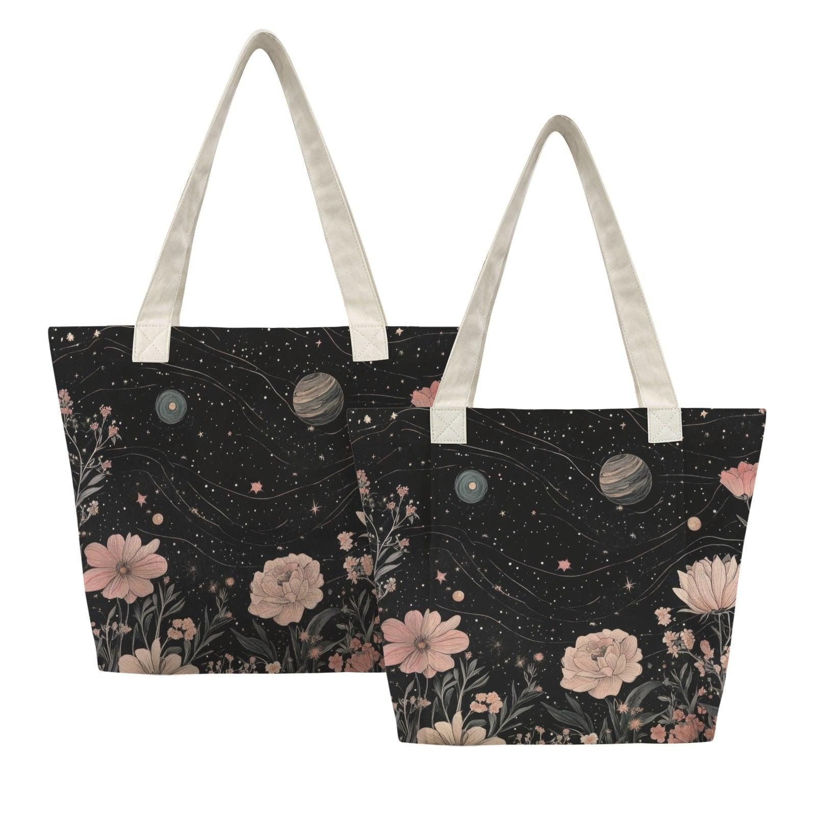 Celestial Floral Tote Bag, Pink Roses, Planets and Stars on Black