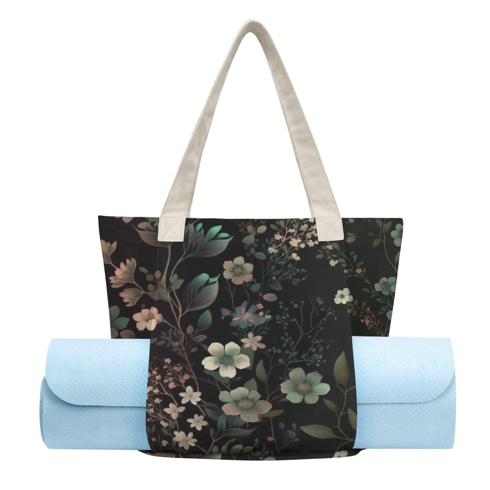 Dark Botanical Moth Print Yoga Tote Bag with Blue Mat Pockets