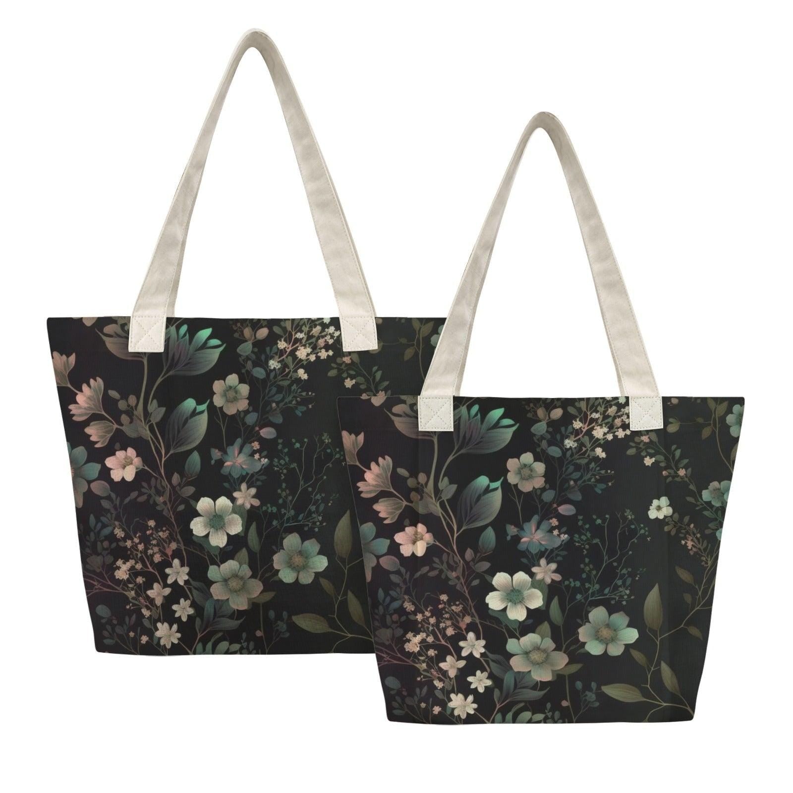 Dark Botanical Moth Print Yoga Tote Bag with Blue Mat Pockets