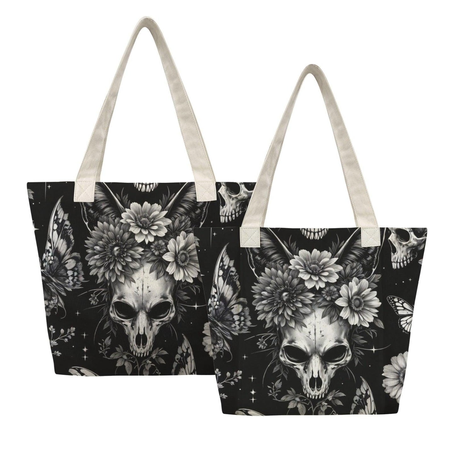 Skull and Sunflower Tote Bag in Black and White Gothic Floral Print