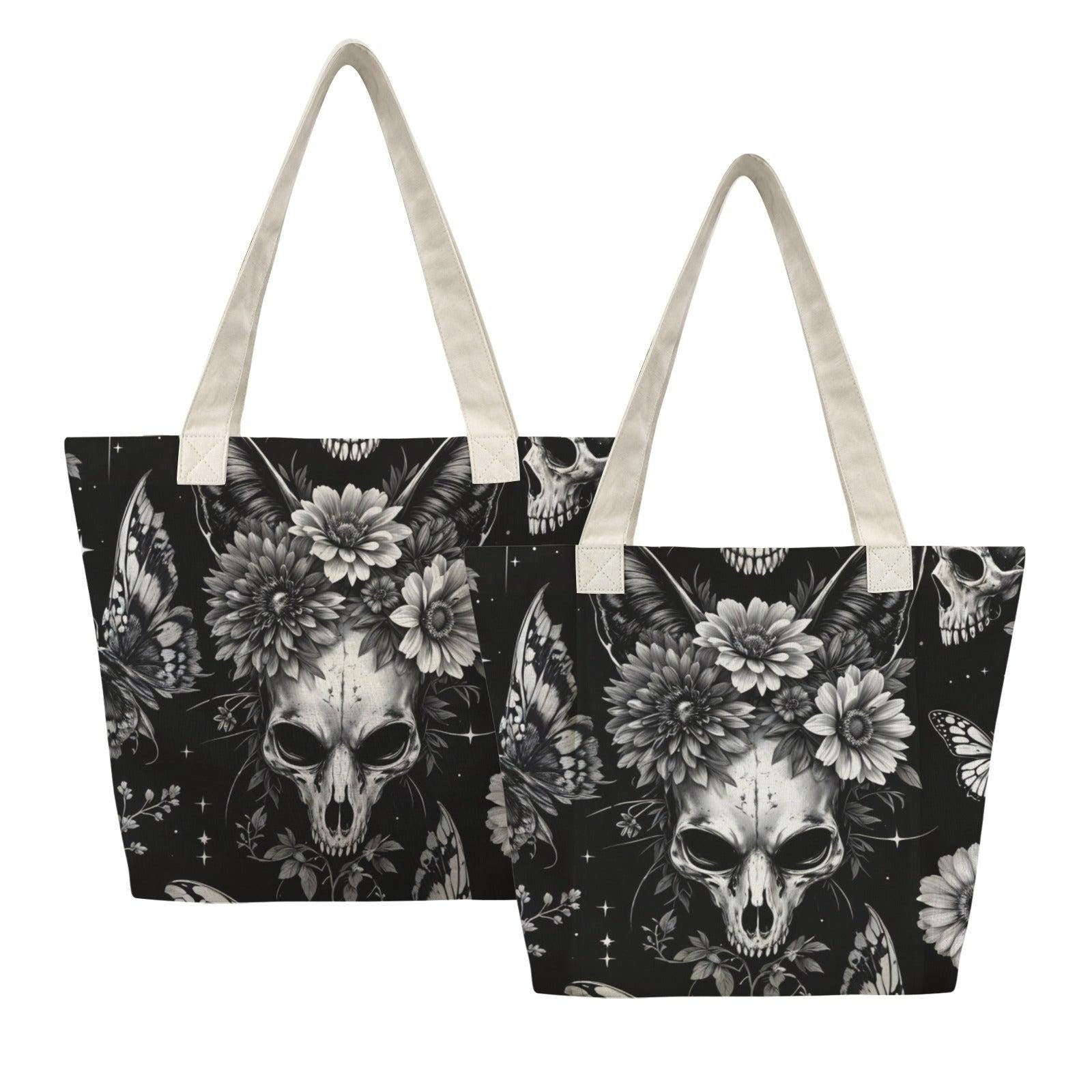 Skull and Sunflower Tote Bag in Black and White Gothic Floral Print