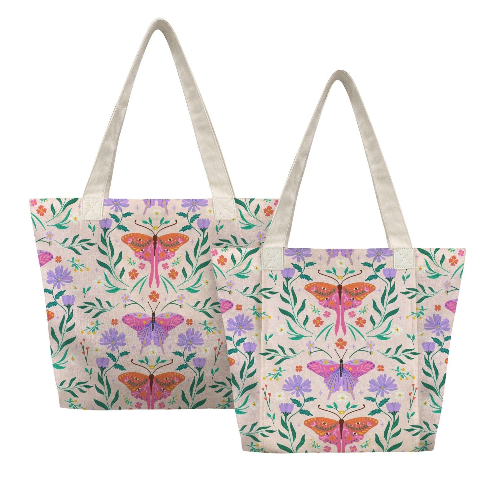Art Nouveau Butterfly Yoga Mat Tote Bag, Pastel Floral Canvas Shoulder Bag