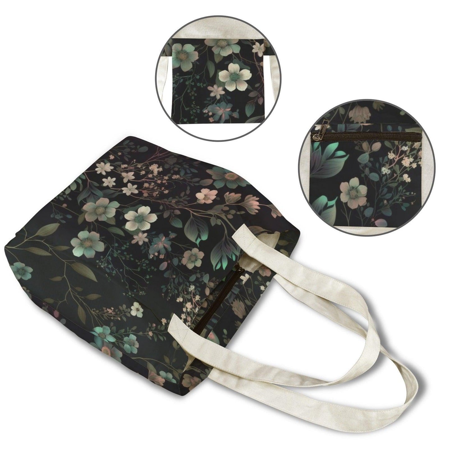 Dark Botanical Moth Print Yoga Tote Bag with Blue Mat Pockets