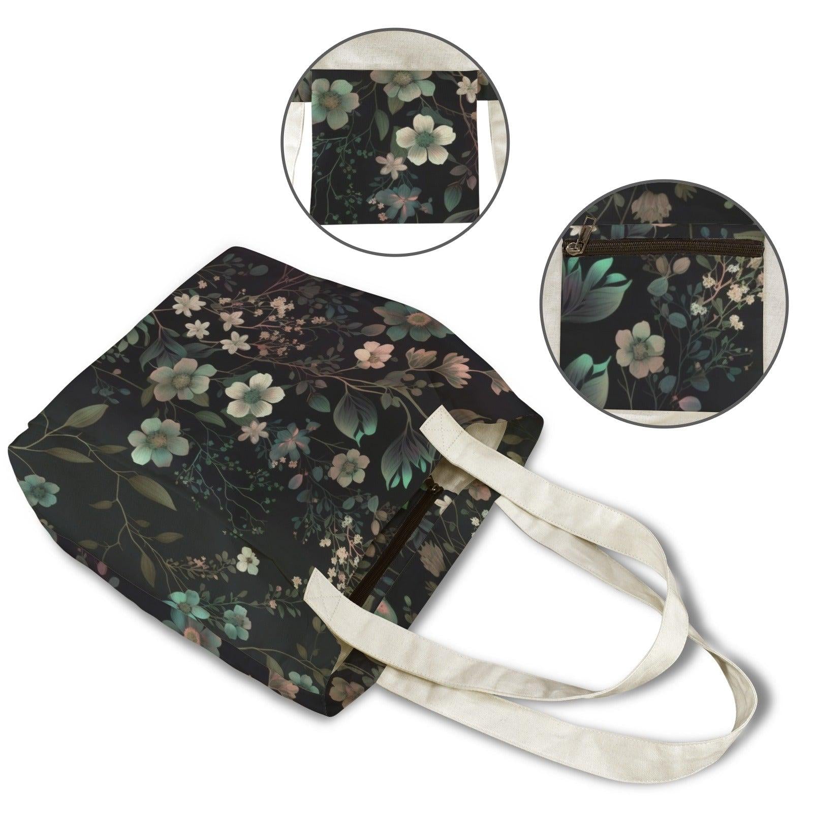 Dark Botanical Moth Print Yoga Tote Bag with Blue Mat Pockets