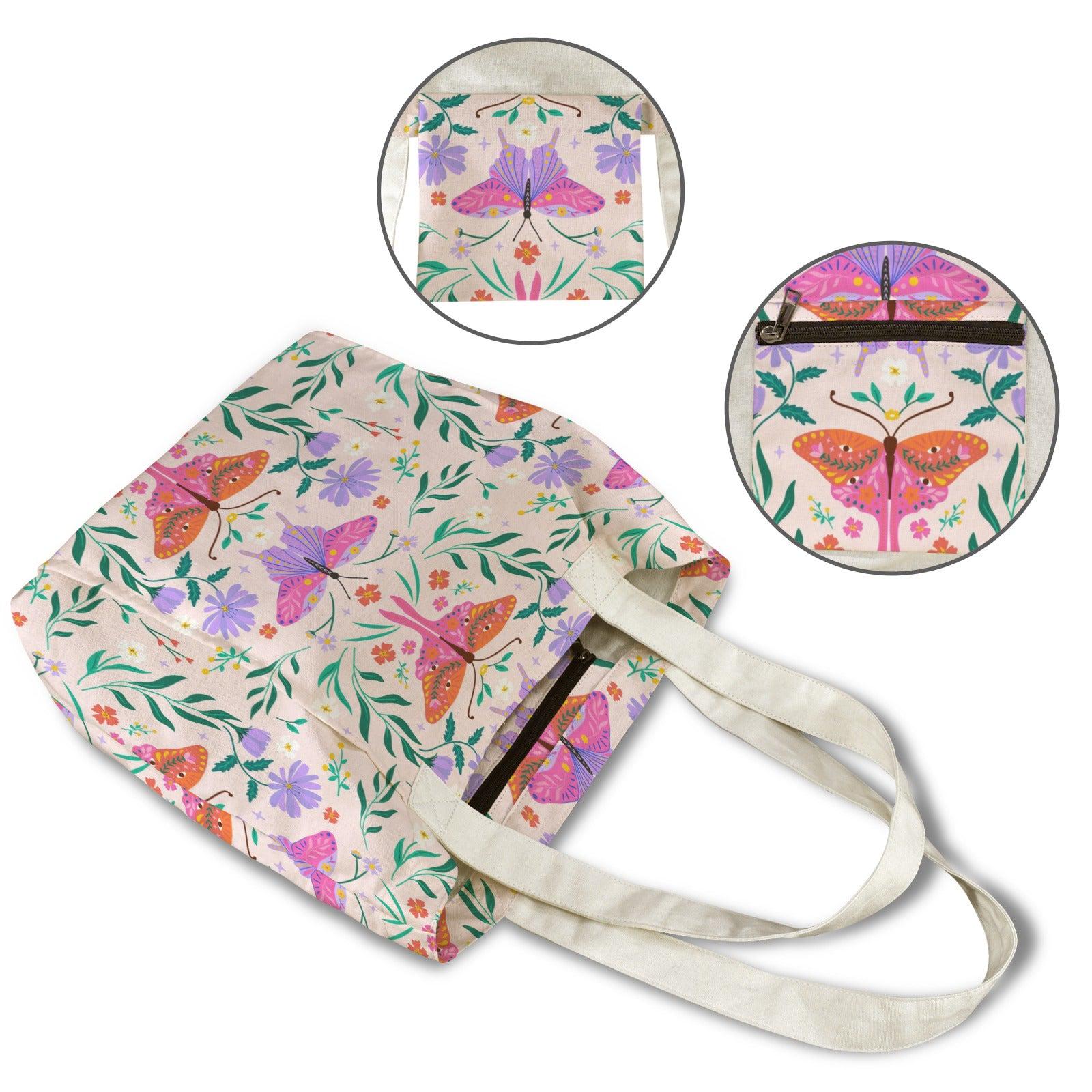 Art Nouveau Butterfly Yoga Mat Tote Bag, Pastel Floral Canvas Shoulder Bag