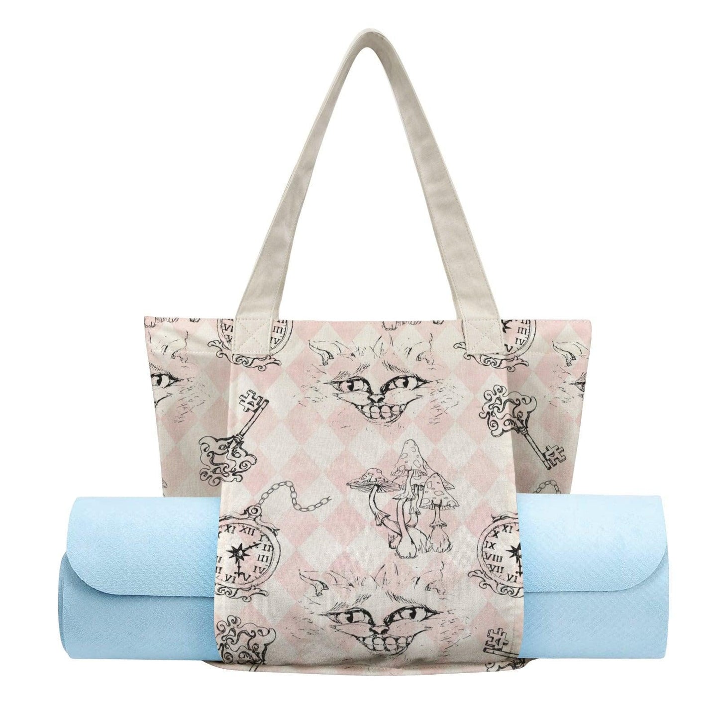 Whimsical Cat Harlequin Canvas Tote Bag, Storybook Keys Mushrooms Print