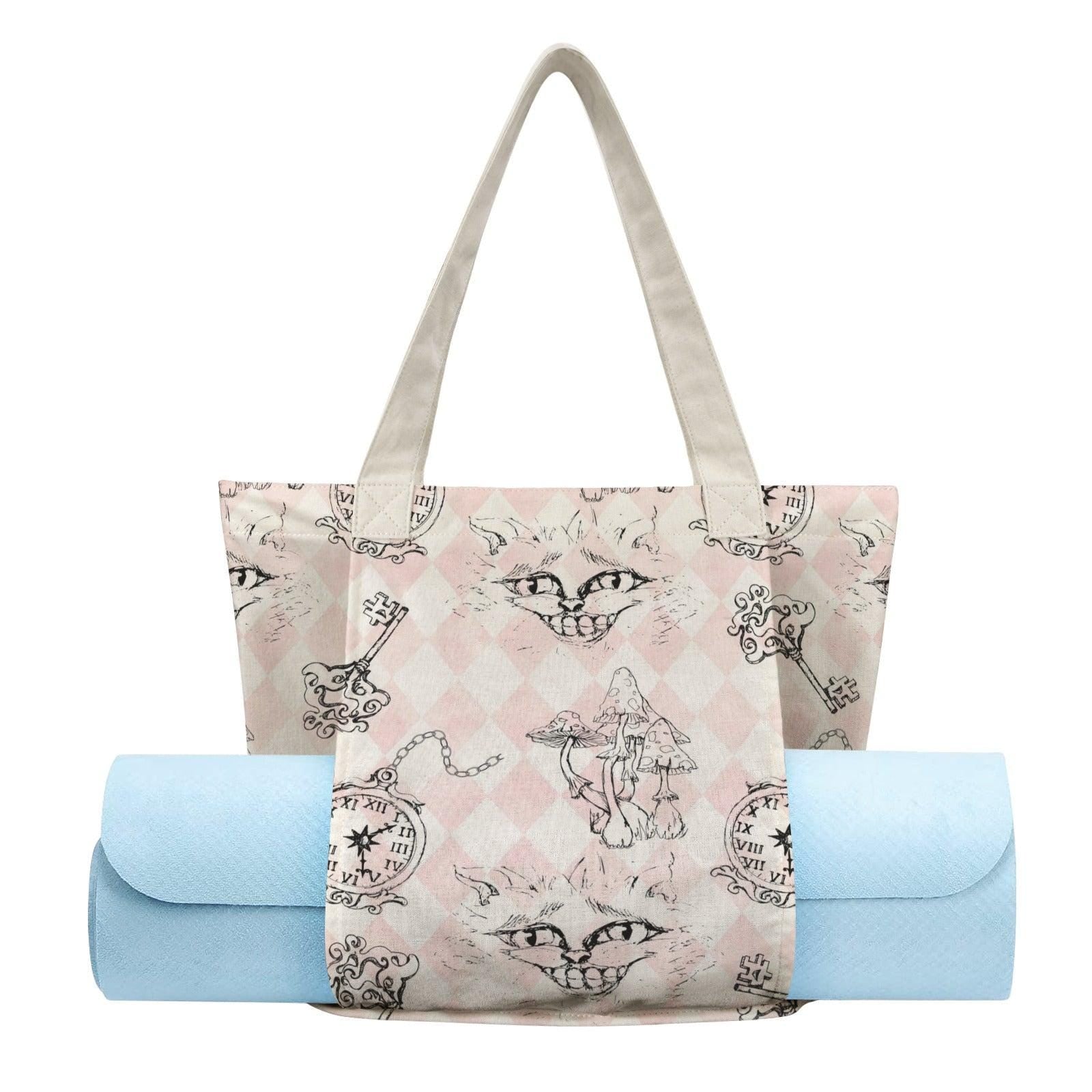 Whimsical Cat Harlequin Canvas Tote Bag, Storybook Keys Mushrooms Print