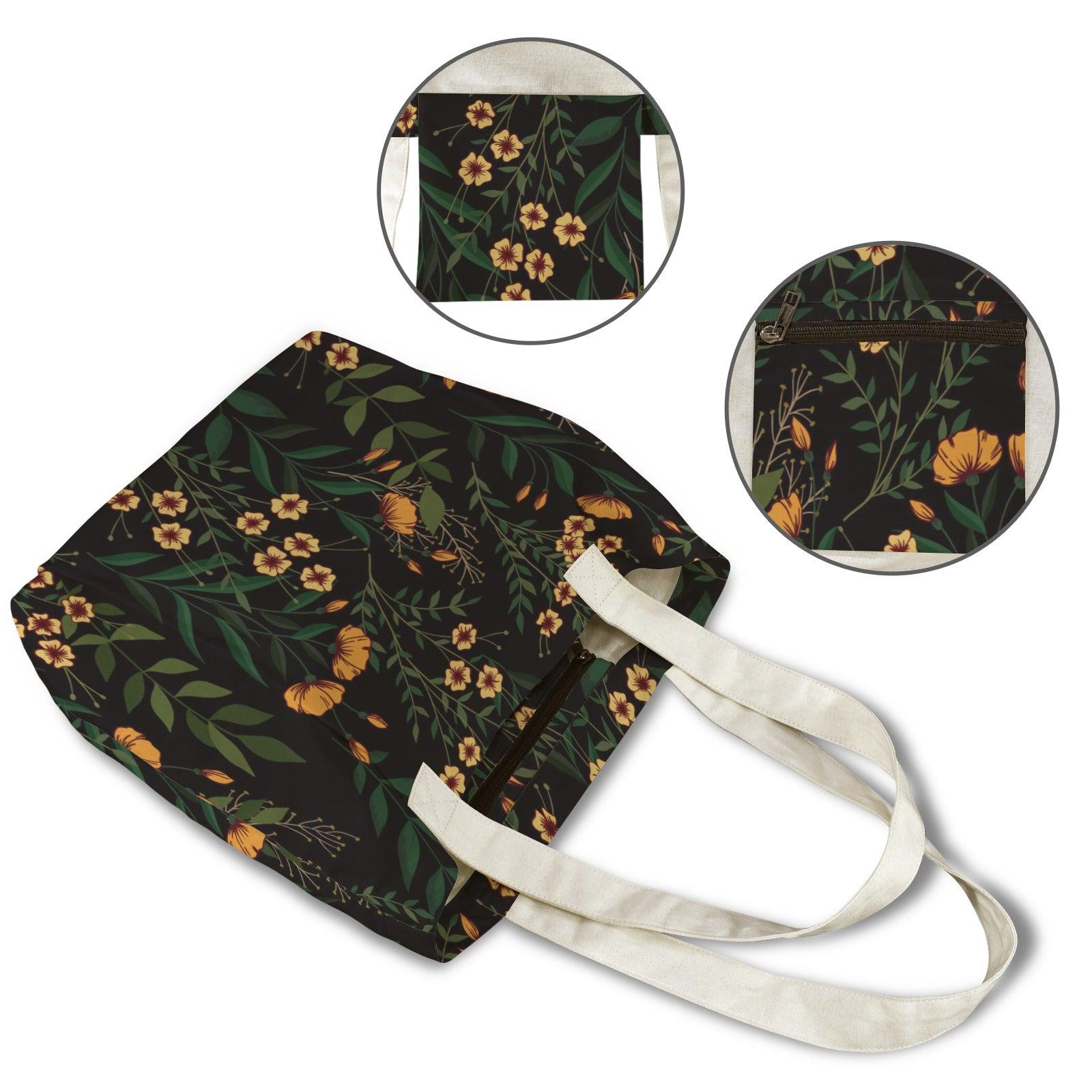 Black Wildflower Yoga Tote Bag, Orange Floral Gym Bag, Botanical Workout Carryall