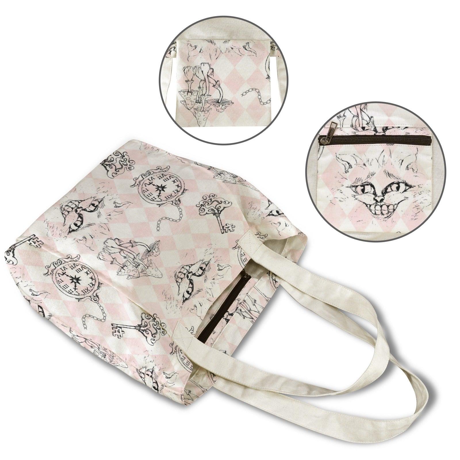 Whimsical Cat Harlequin Canvas Tote Bag, Storybook Keys Mushrooms Print