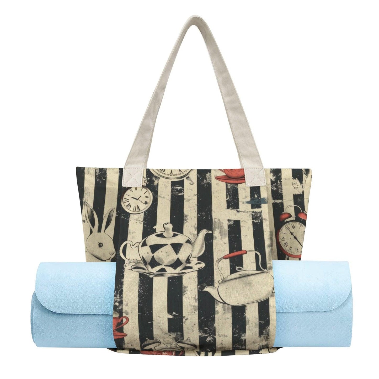 Alice in Wonderland Yoga Mat Bag, Vintage Tea Party Tote, Striped Gym Carrier