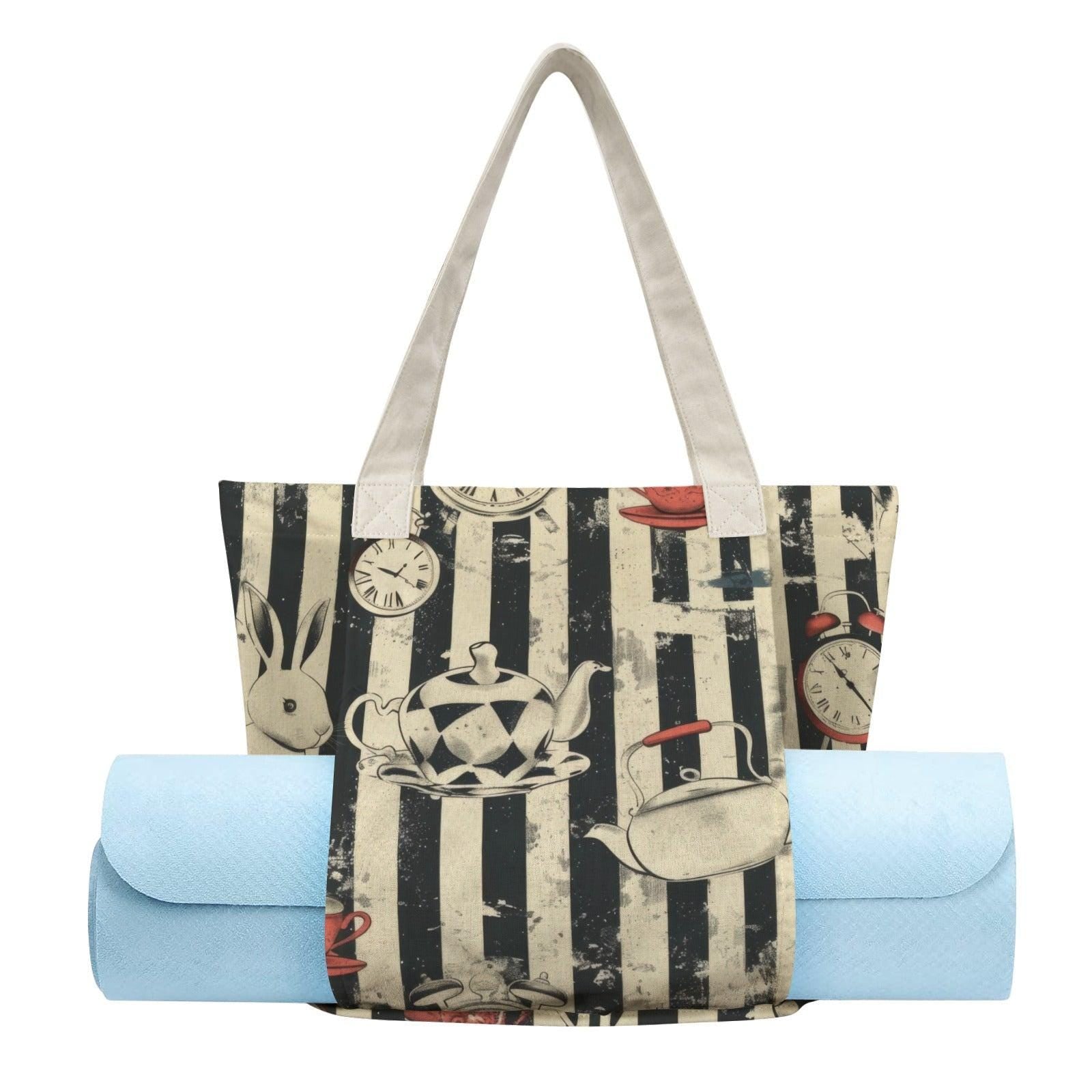 Alice in Wonderland Yoga Mat Bag, Vintage Tea Party Tote, Striped Gym Carrier