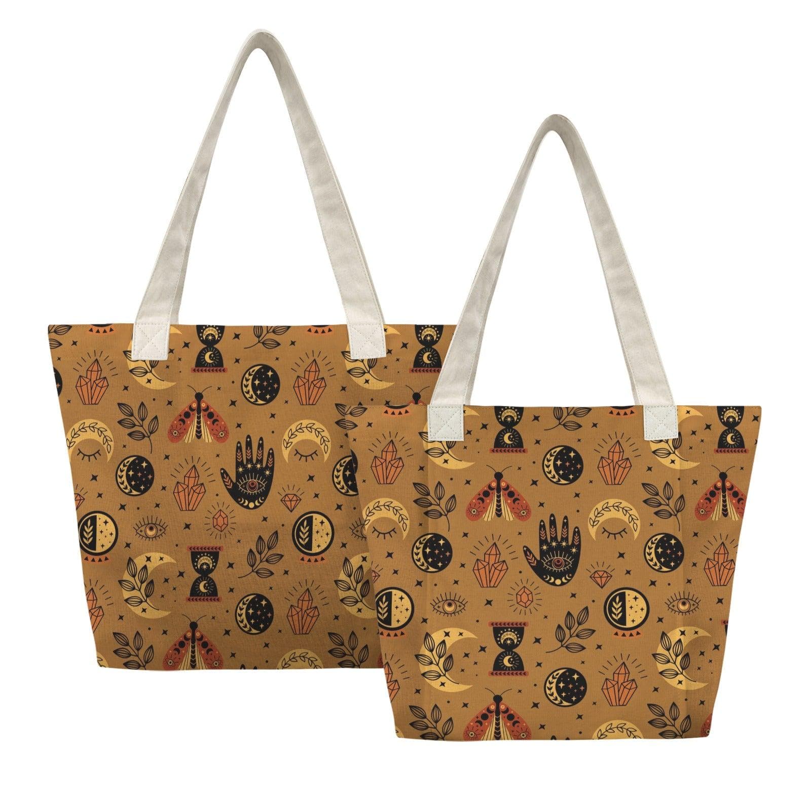Celestial Moth Yoga Tote Bag, Mustard Moon Phase Gym Bag with Mat Holder