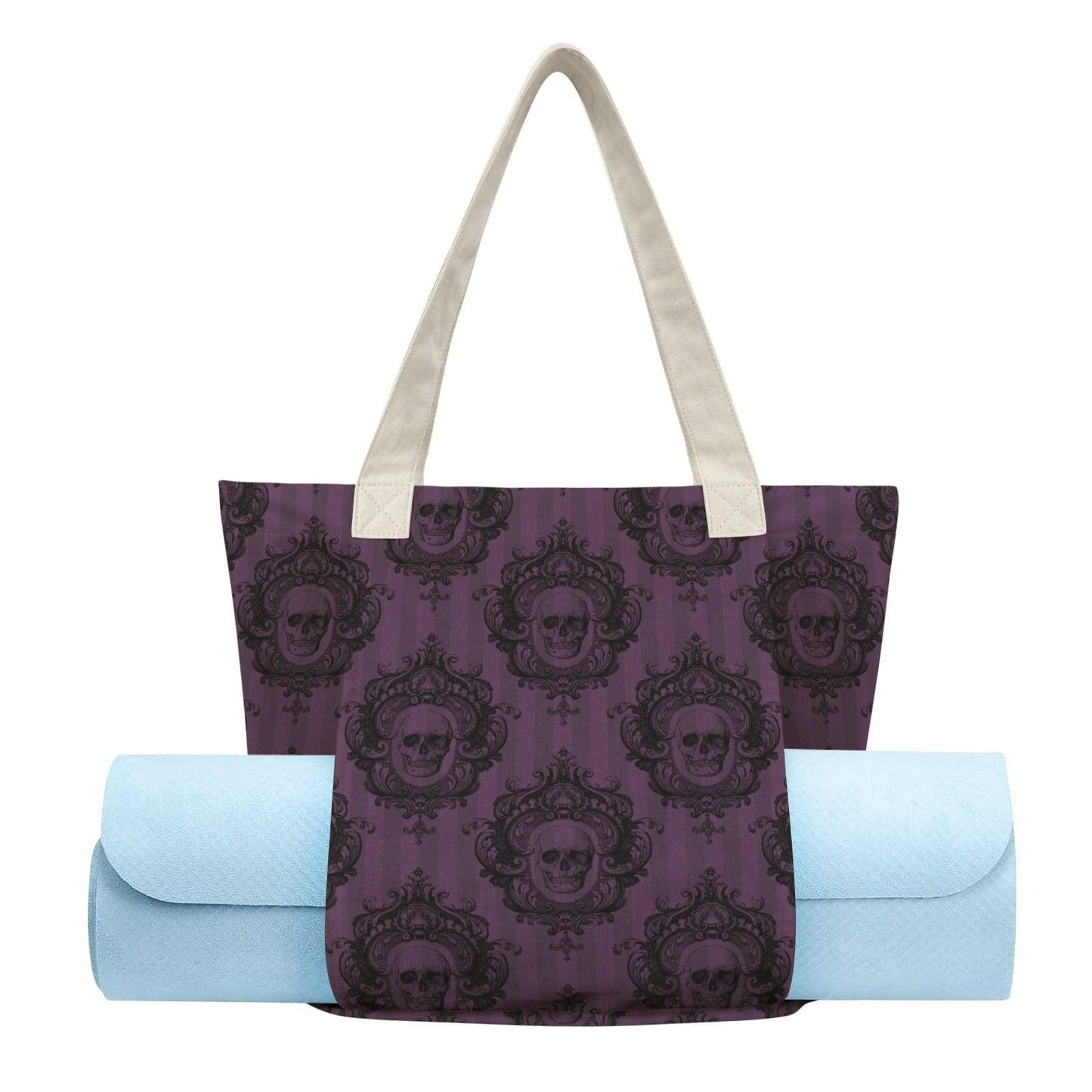 Gothic Skull Tote Bag, Purple Victorian Damask Canvas Shoulder Bag, Large Witchy Everyday Use