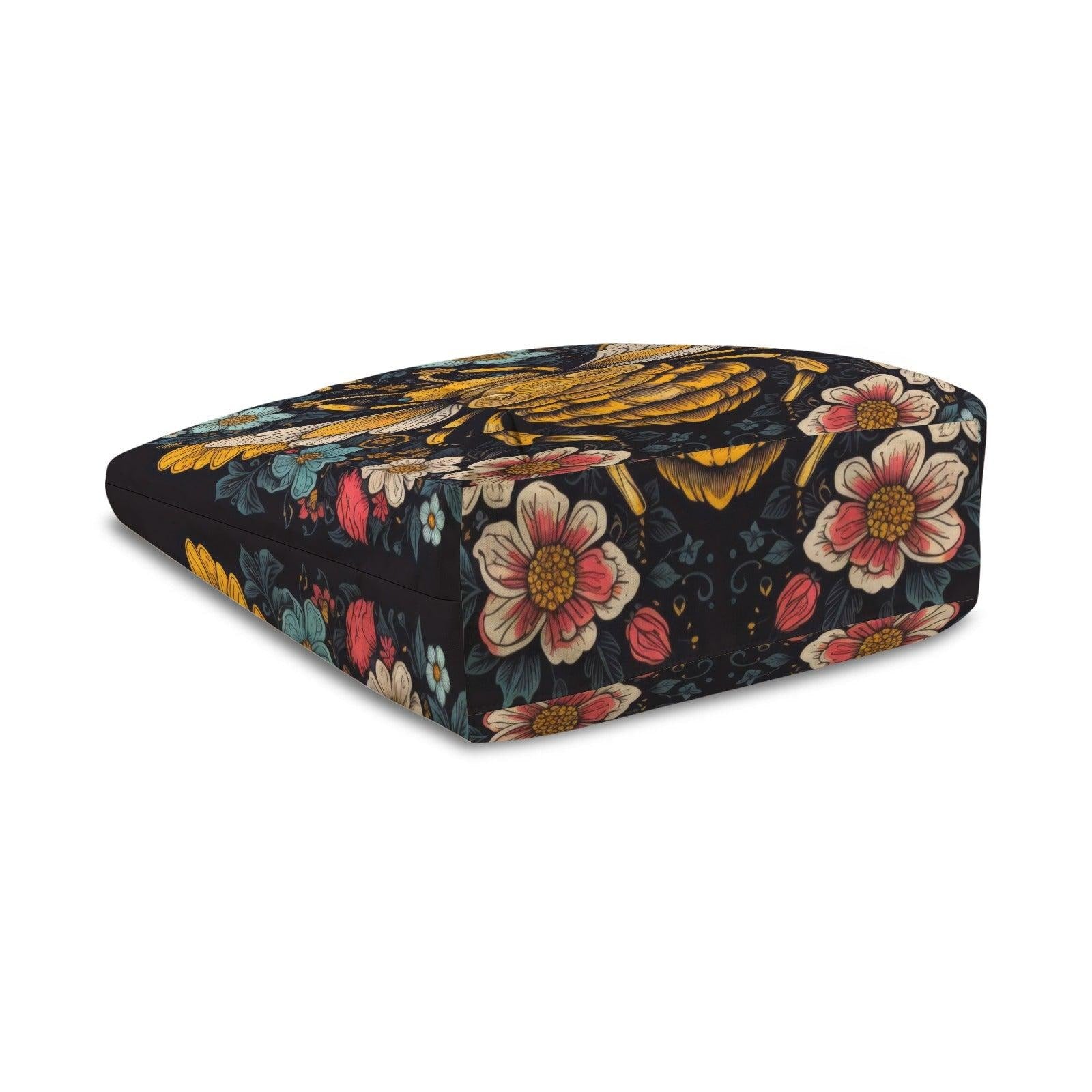 Golden Bee and Wildflower Print Yoga Tote Bag with Blue Mat Pockets