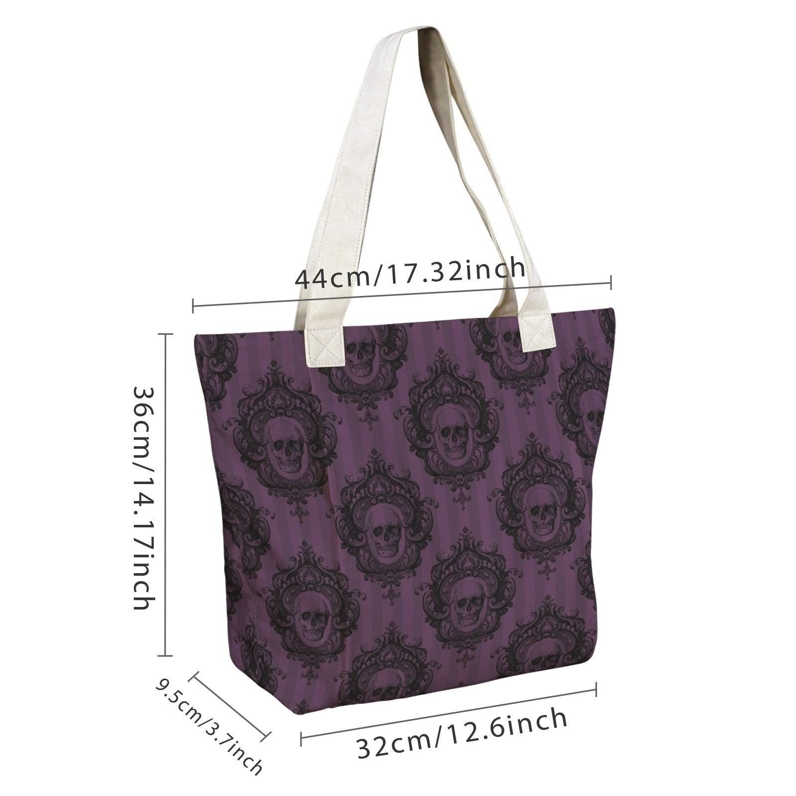 Gothic Skull Tote Bag, Purple Victorian Damask Canvas Shoulder Bag, Large Witchy Everyday Use