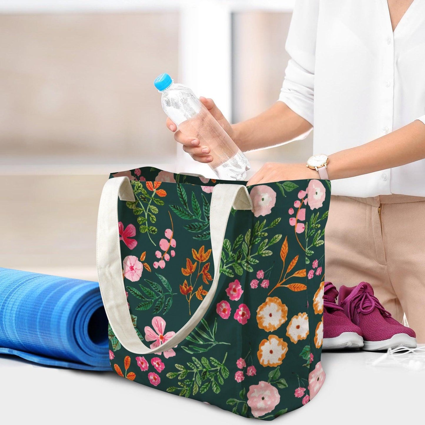 Wildflower Yoga Mat Tote Bag, Dark Green Floral Gym Carrier, Cottagecore Pilates Tote