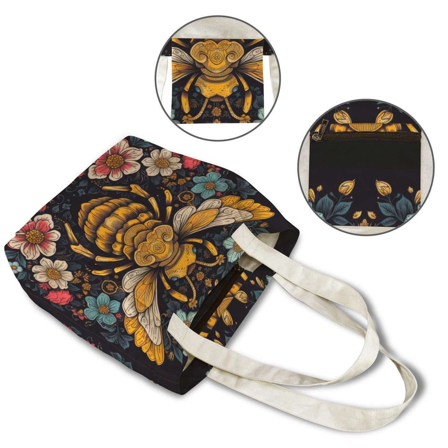 Golden Bee and Wildflower Print Yoga Tote Bag with Blue Mat Pockets