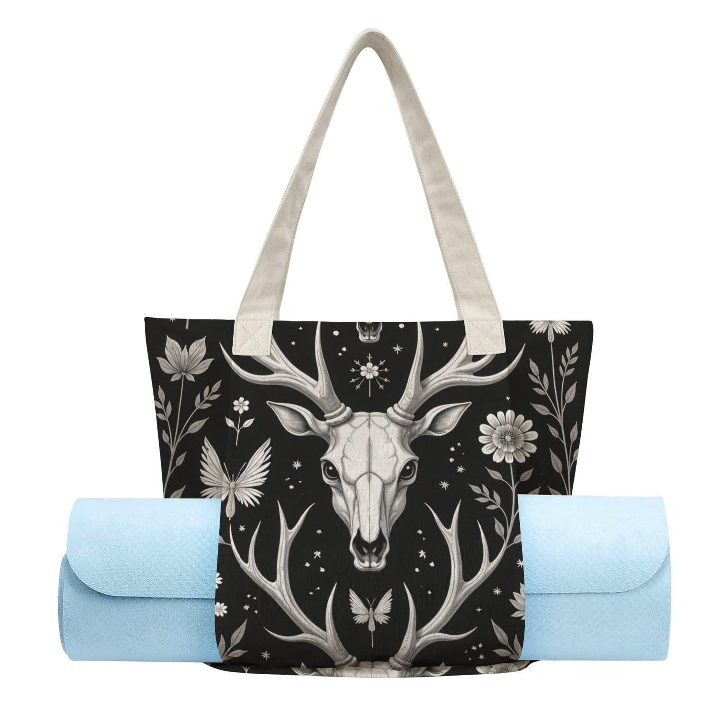 Deer Skull Yoga Tote Bag, Antler Floral Print Mat Carrier, Large Witchy Gym Bag