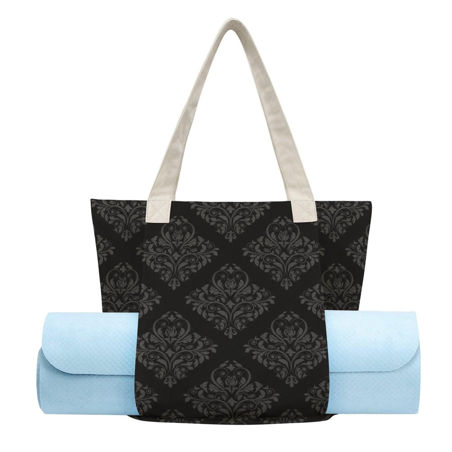 Gothic Damask Yoga Tote Bag, Black Canvas Mat Carrier, Dark Academia Shoulder Bag