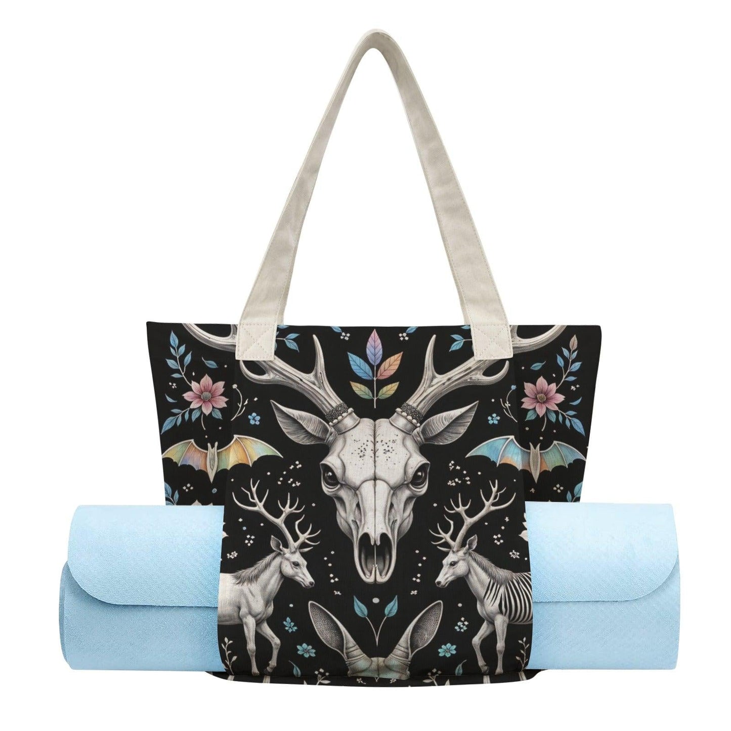 Dark Folk Art Deer Skull Tote Bag, Antlers Flowers Canvas Shoulder Bag