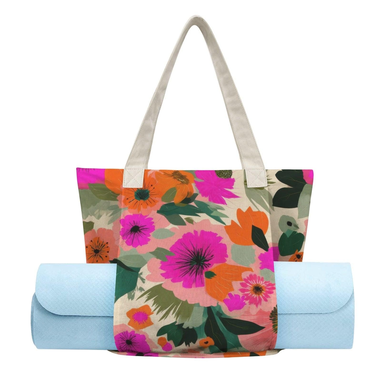 Bright Floral Yoga Tote Bag, Magenta Poppy Canvas Mat Carrier