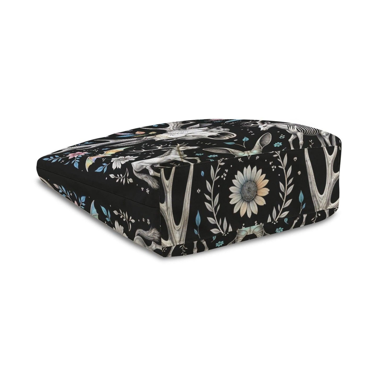 Dark Folk Art Deer Skull Tote Bag, Antlers Flowers Canvas Shoulder Bag