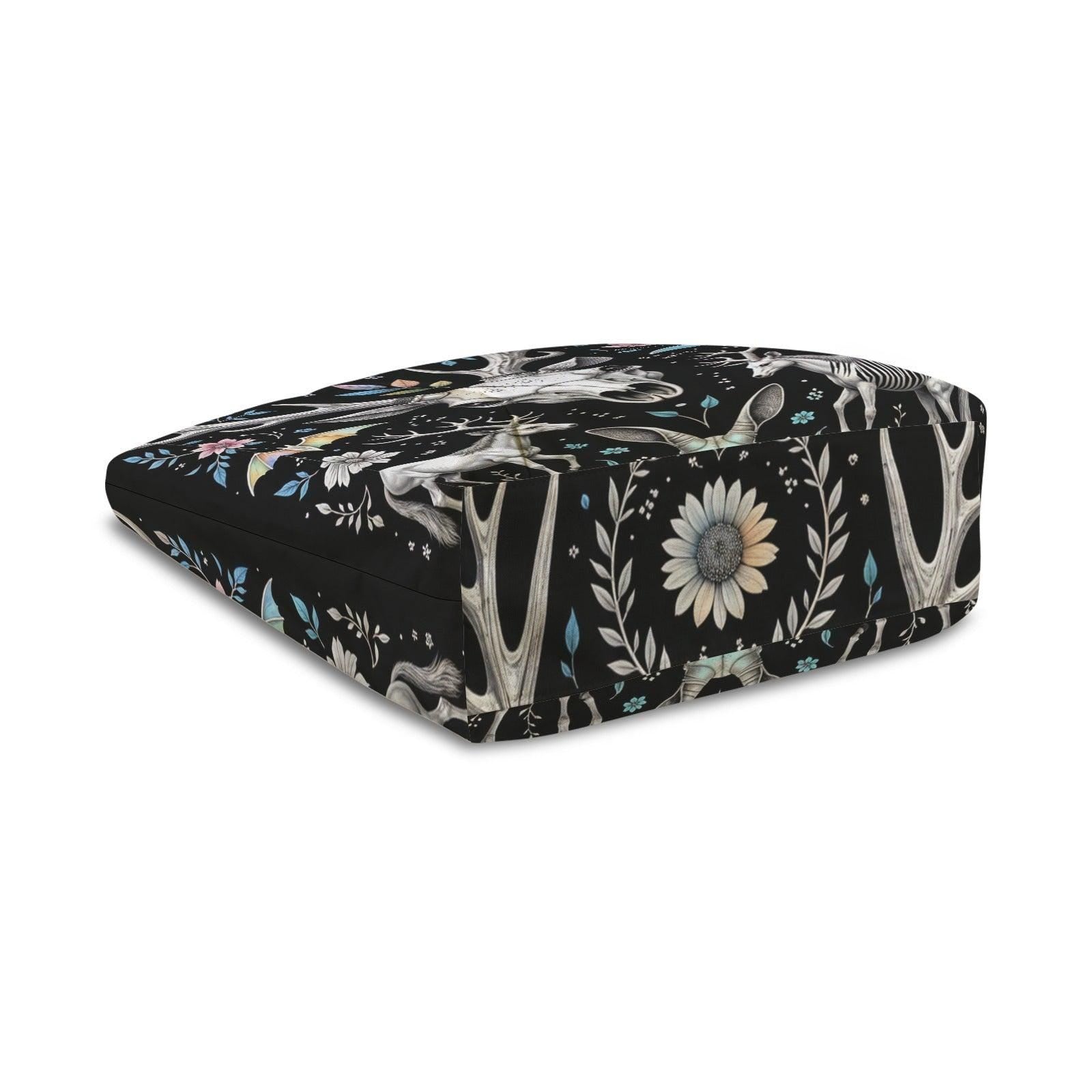 Dark Folk Art Deer Skull Tote Bag, Antlers Flowers Canvas Shoulder Bag