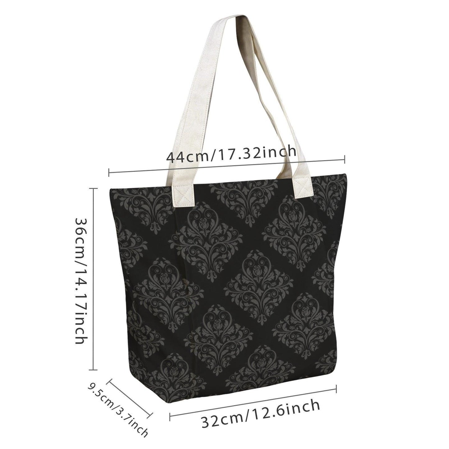 Gothic Damask Yoga Tote Bag, Black Canvas Mat Carrier, Dark Academia Shoulder Bag