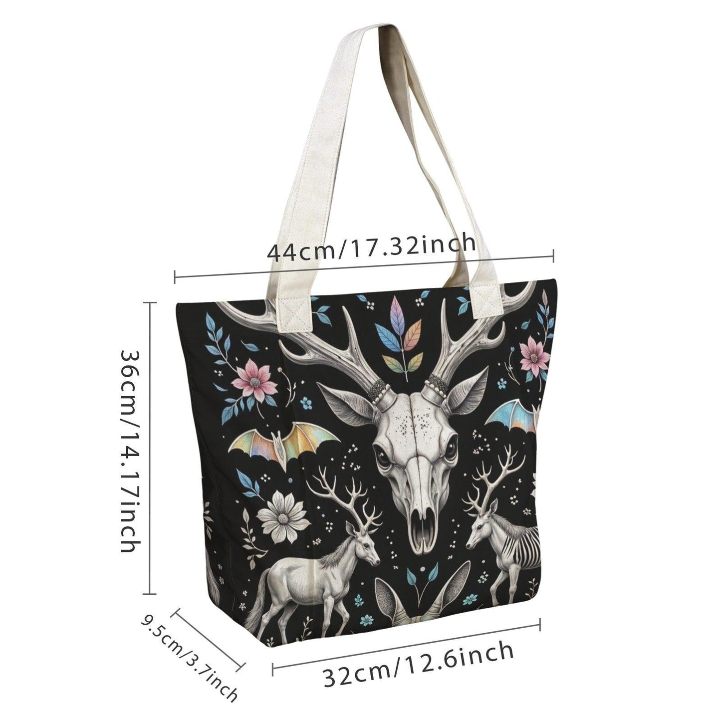 Dark Folk Art Deer Skull Tote Bag, Antlers Flowers Canvas Shoulder Bag