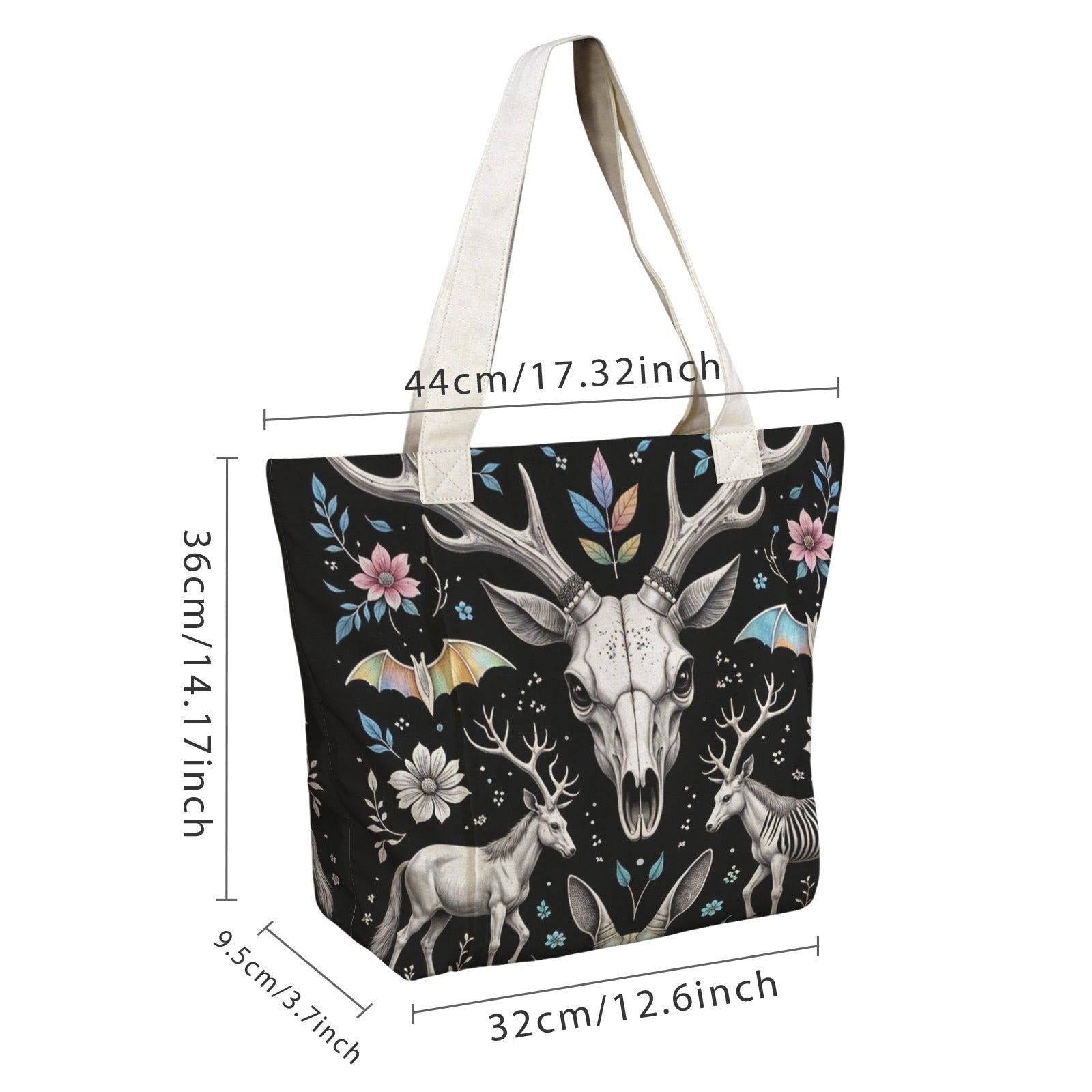 Dark Folk Art Deer Skull Tote Bag, Antlers Flowers Canvas Shoulder Bag