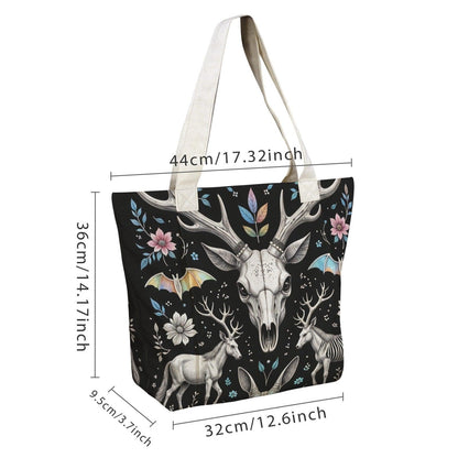 Dark Folk Art Deer Skull Tote Bag, Antlers Flowers Canvas Shoulder Bag
