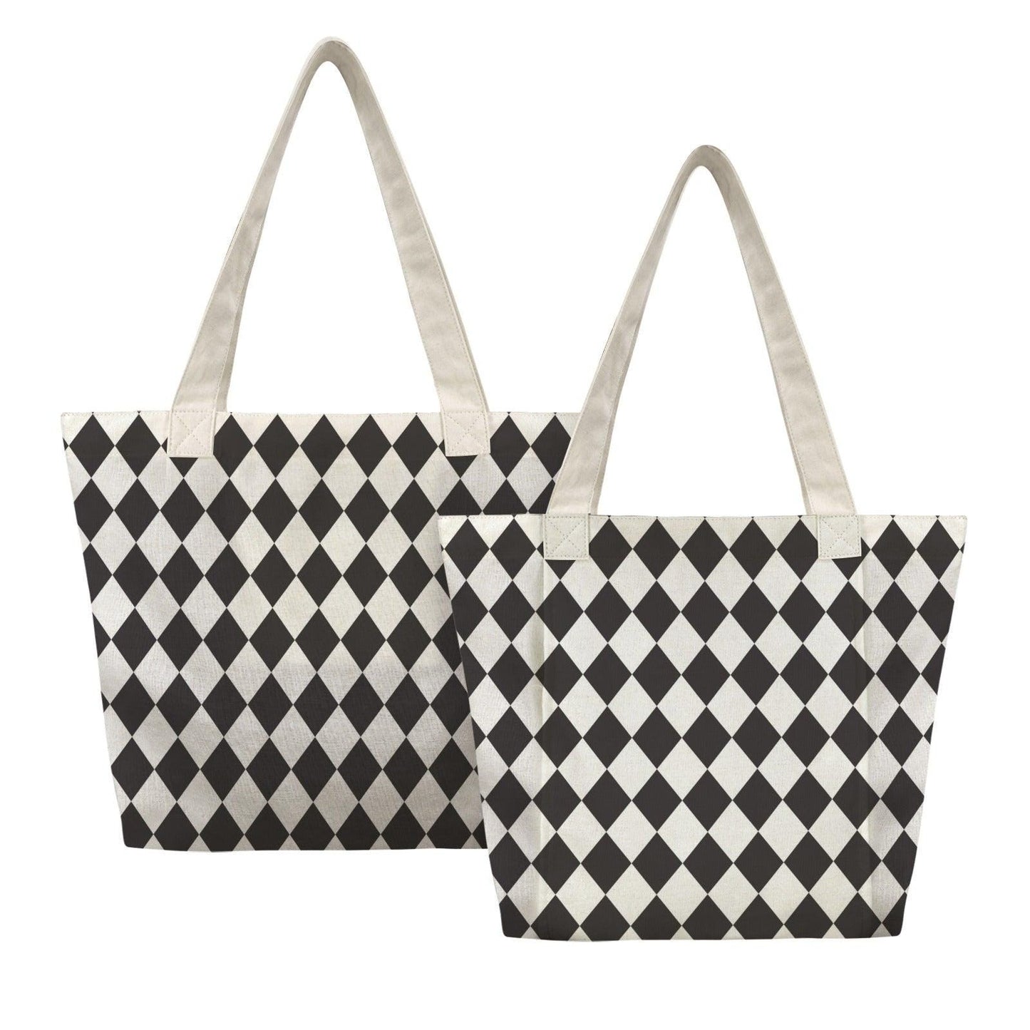 Black White Diamond Print Canvas Tote Bag, Harlequin Shoulder Bag, Work Errands Style