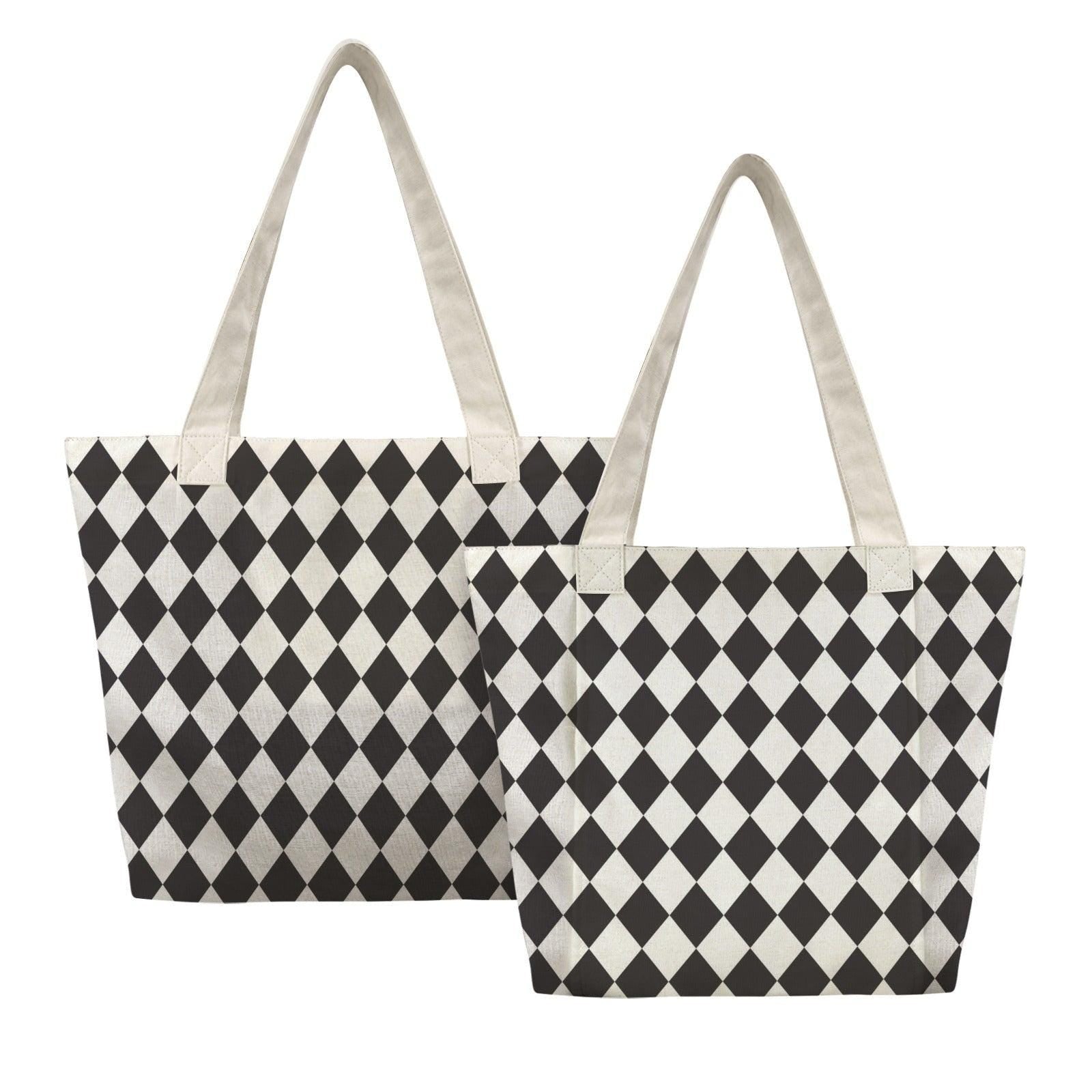 Black White Diamond Print Canvas Tote Bag, Harlequin Shoulder Bag, Work Errands Style