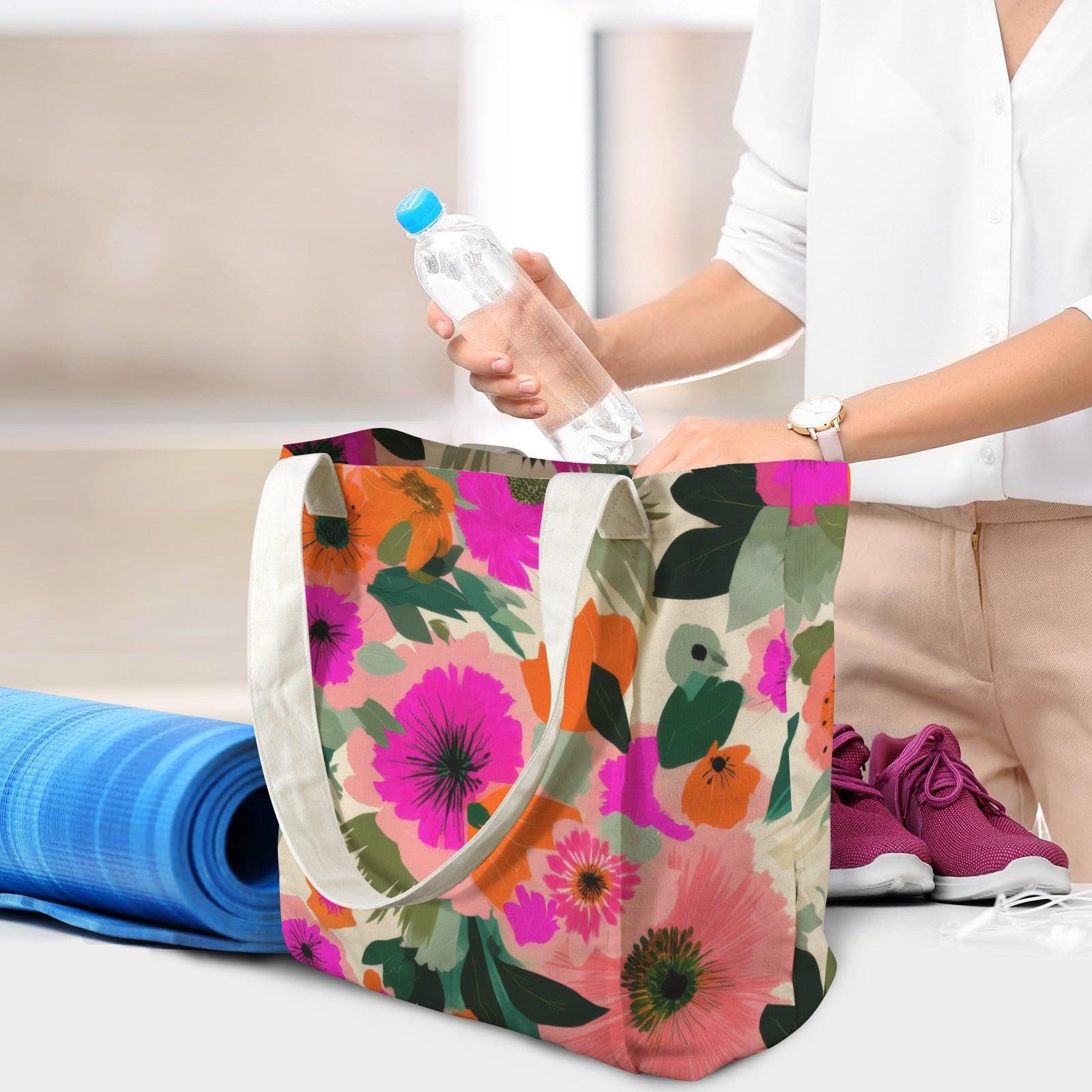 Bright Floral Yoga Tote Bag, Magenta Poppy Canvas Mat Carrier