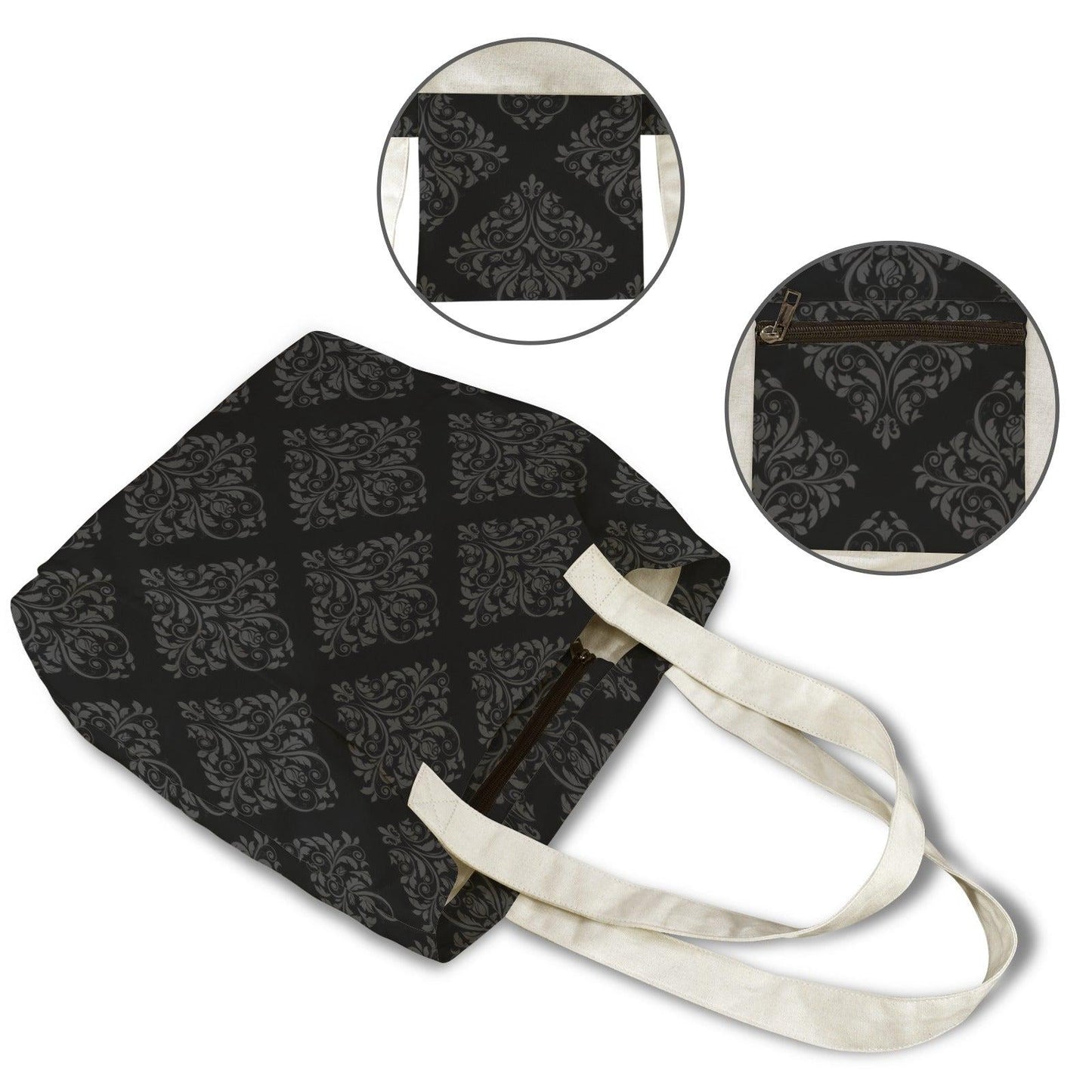 Gothic Damask Yoga Tote Bag, Black Canvas Mat Carrier, Dark Academia Shoulder Bag
