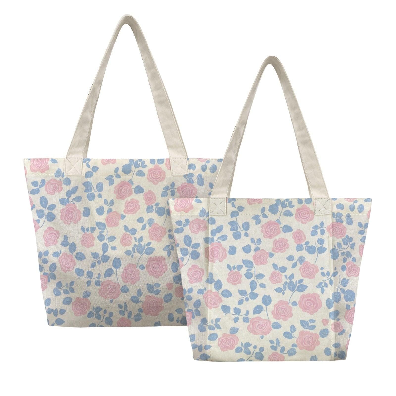 Floral Yoga Tote Bag, Pink Rose Blue Leaf Print Canvas Mat Carrier